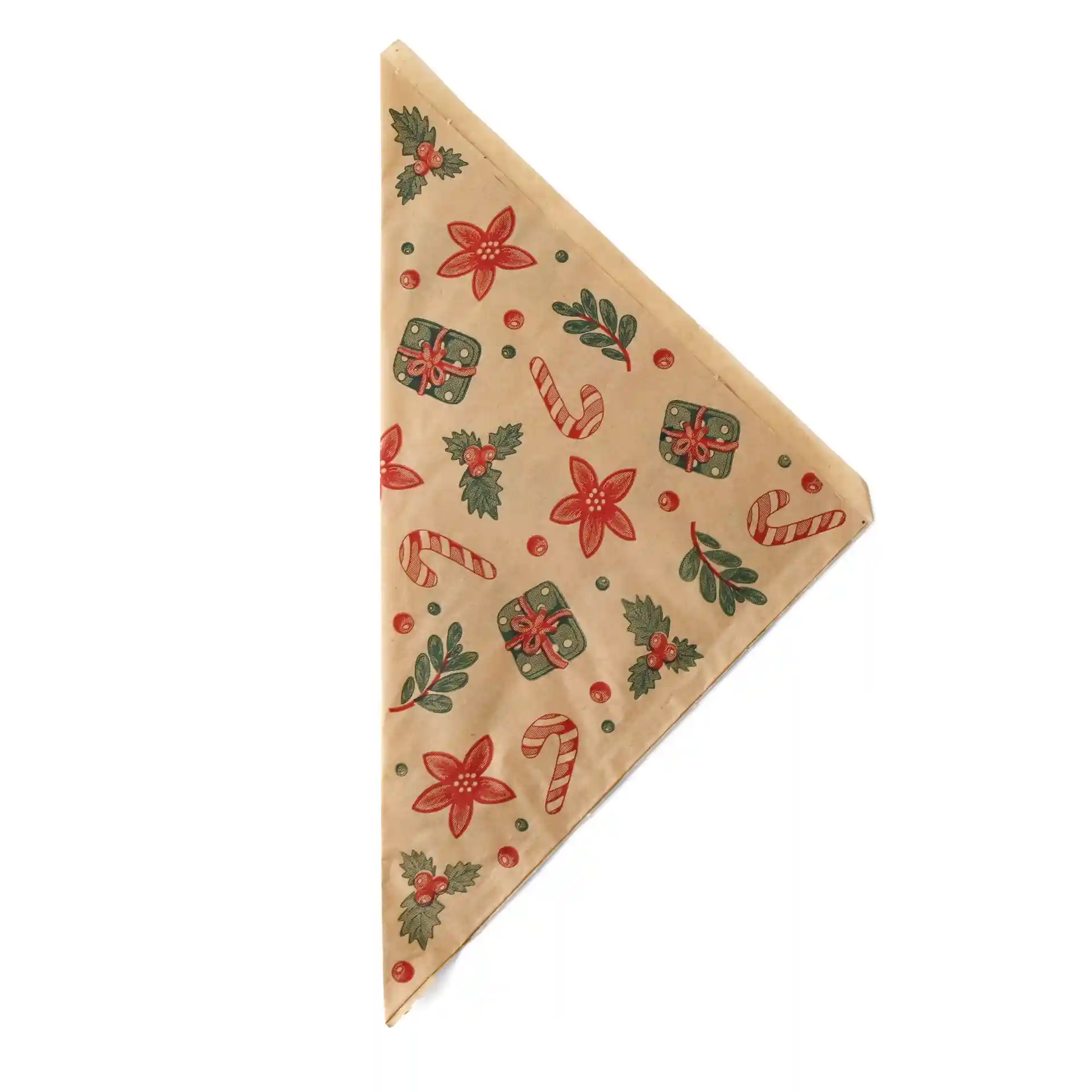 Busta marrone resistente al grasso con design invernale, fiori rossi, bastoncini di zucchero e foglie verdi.