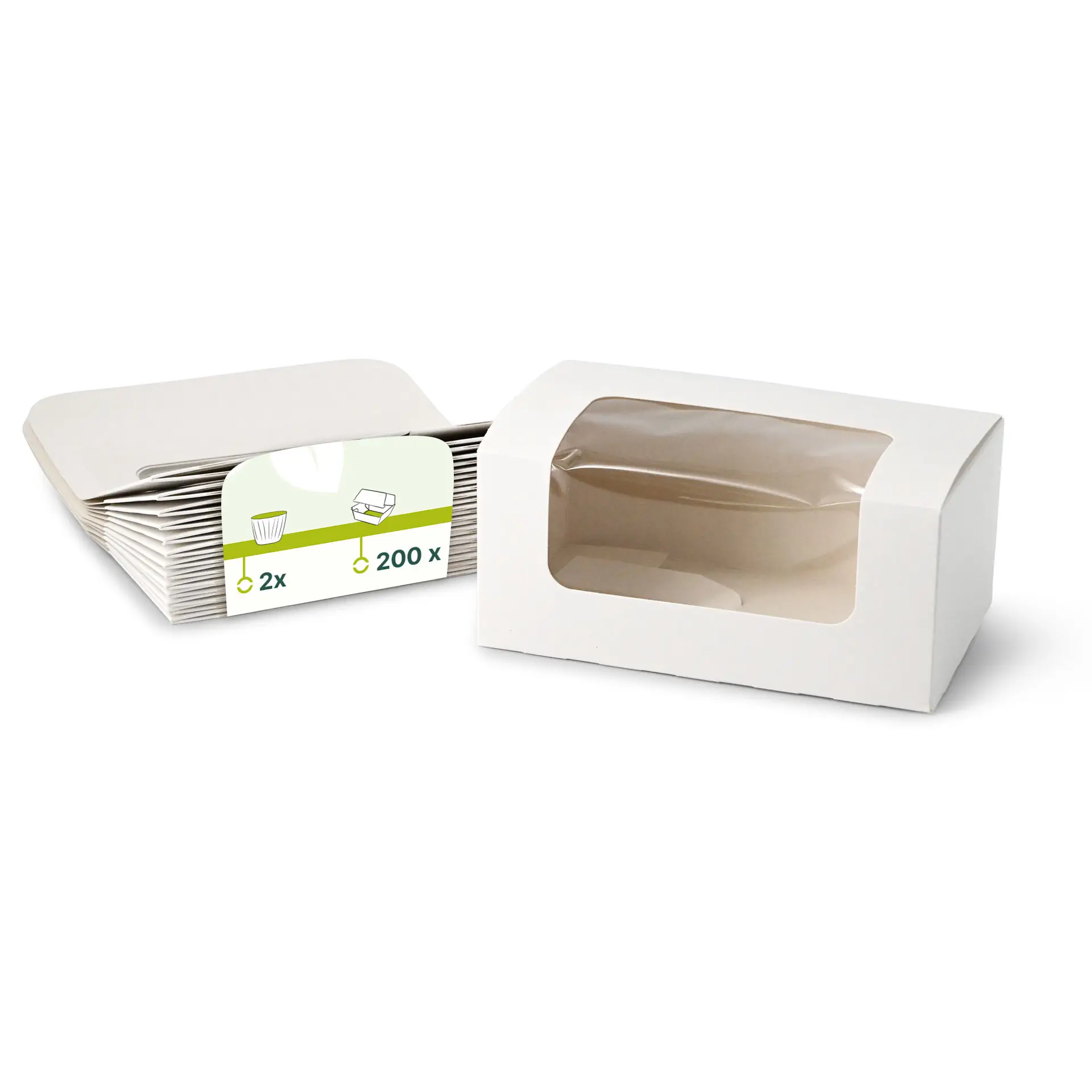 Weiße zweiteilige Cupcake-Boxen mit einem Zellulosefenster, geeignet für Muffins, Brownies und kleine Backwaren.