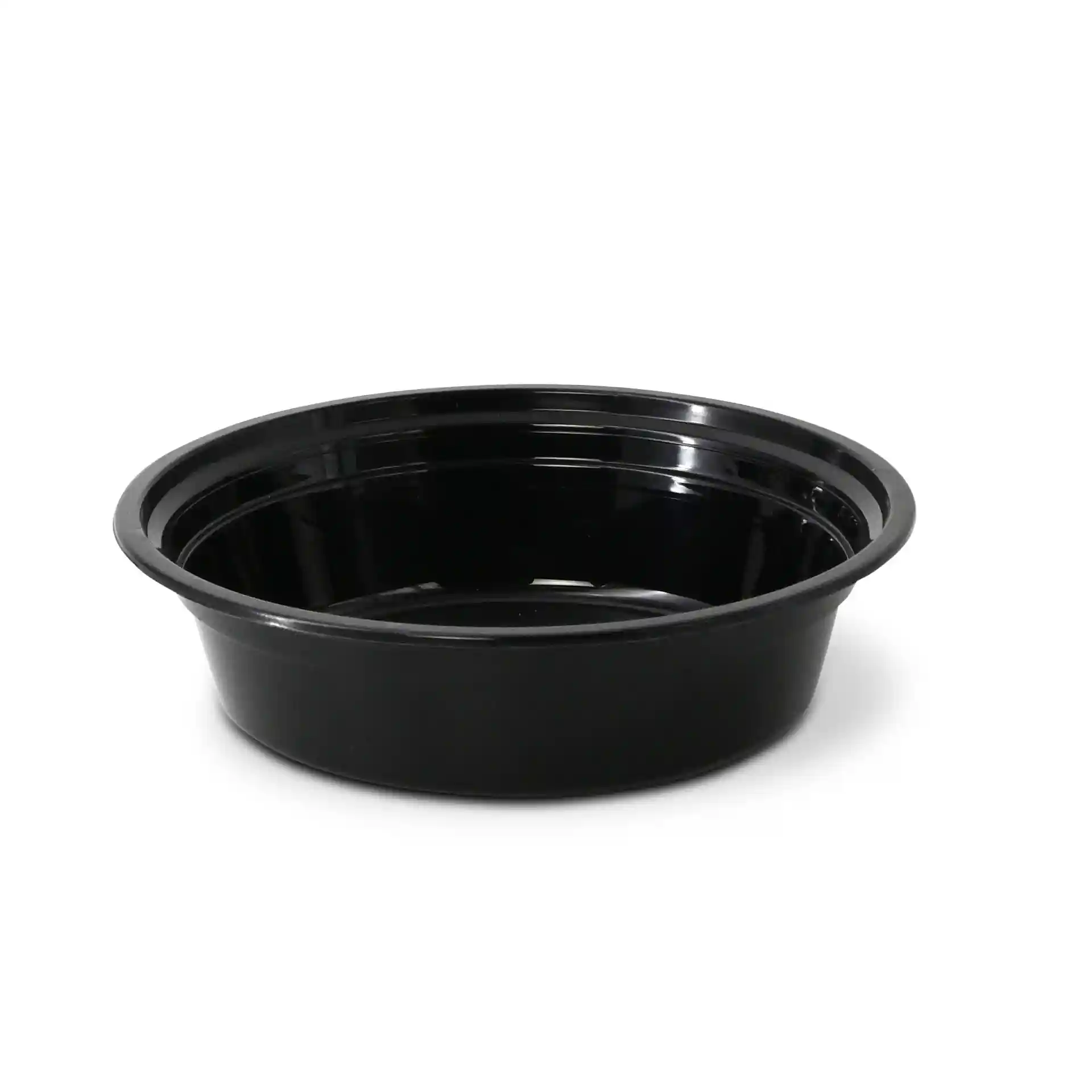 Piatto rotondo nero riutilizzabile in polipropilene, capacità di 450 ml, diametro di 158 mm.
