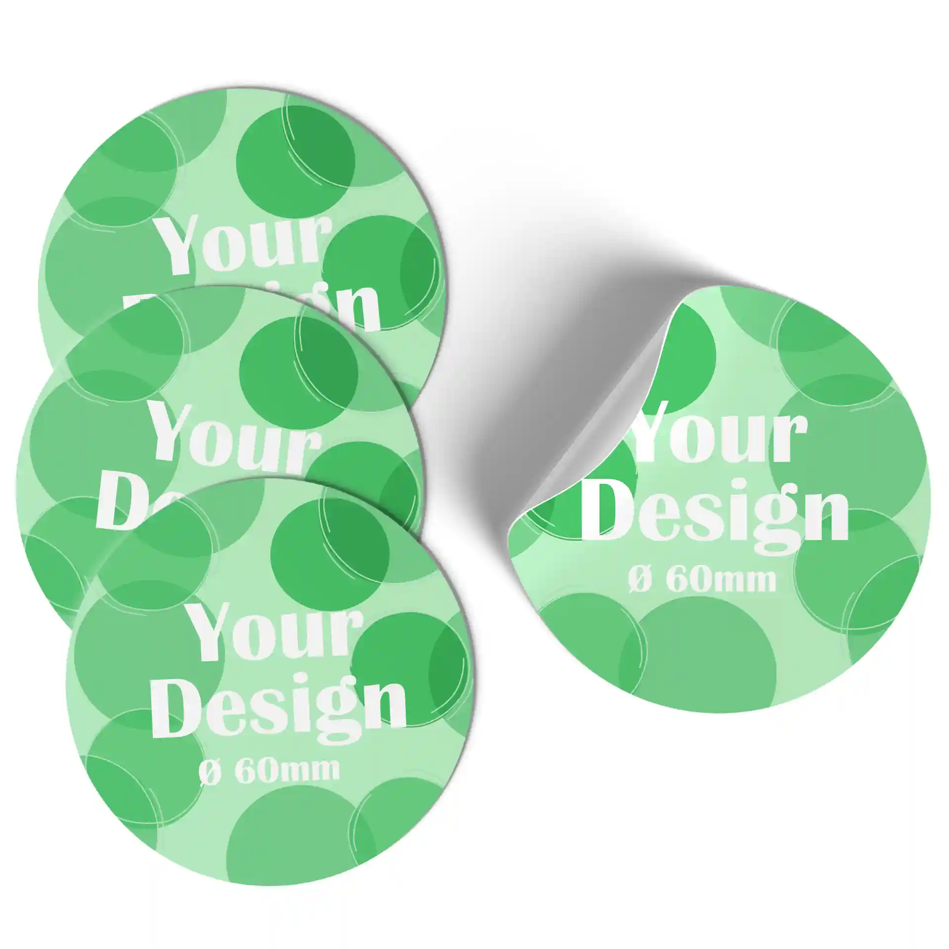 Étiquettes rondes imprimées avec un design vert, mesurant 60 mm de diamètre, sur un fond mat blanc.