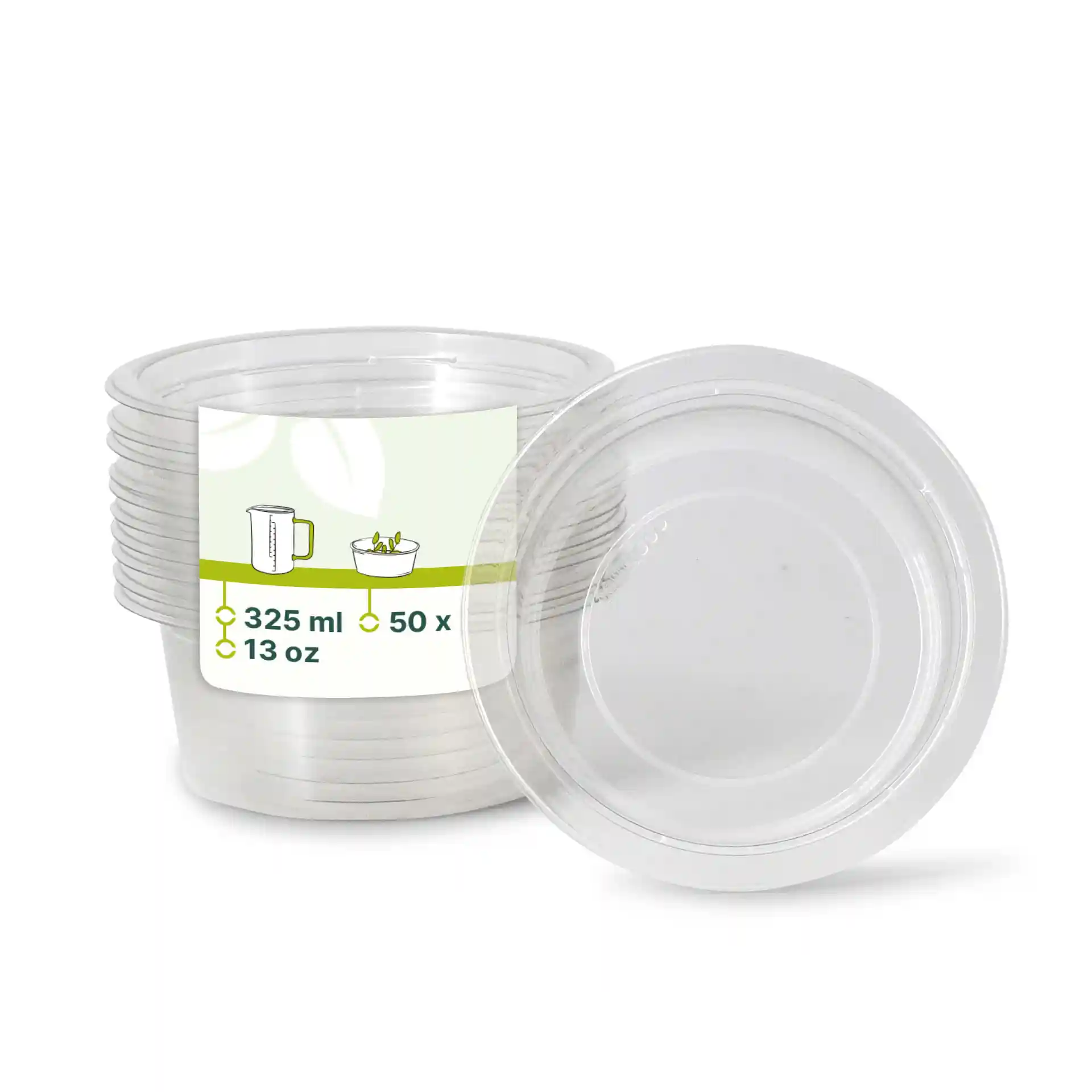 Vasi deli rPET trasparenti, volume di 325 ml, altezza di 60 mm e diametro di 123 mm, impilati in gruppo.