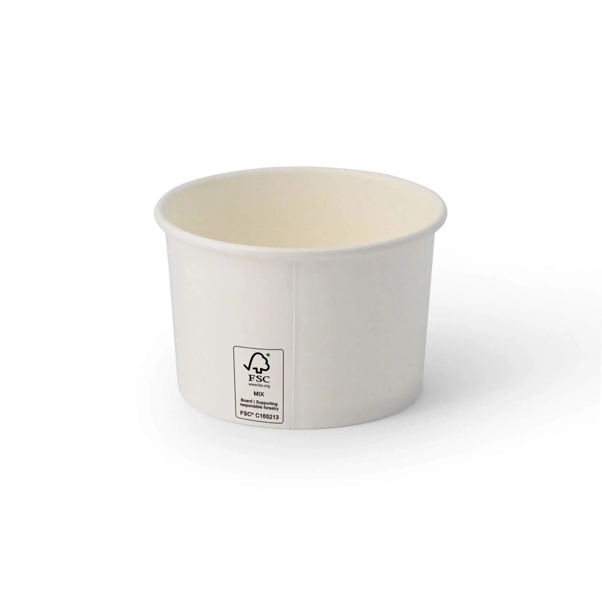 Coppetta per gelato bianca, rivestita in PE, capacità di 8 oz con un diametro di 92 mm; presenta un'etichetta FSC sul lato.