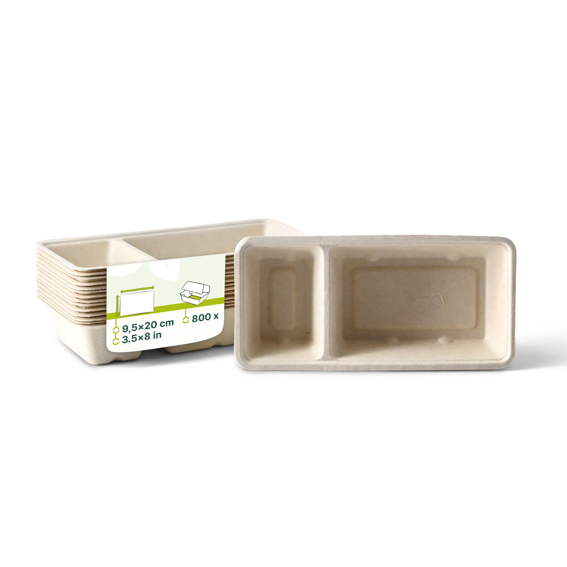 Barquette en bagasse pour frites, 2 compartiments, 9,5 x 20 x 3,5 cm