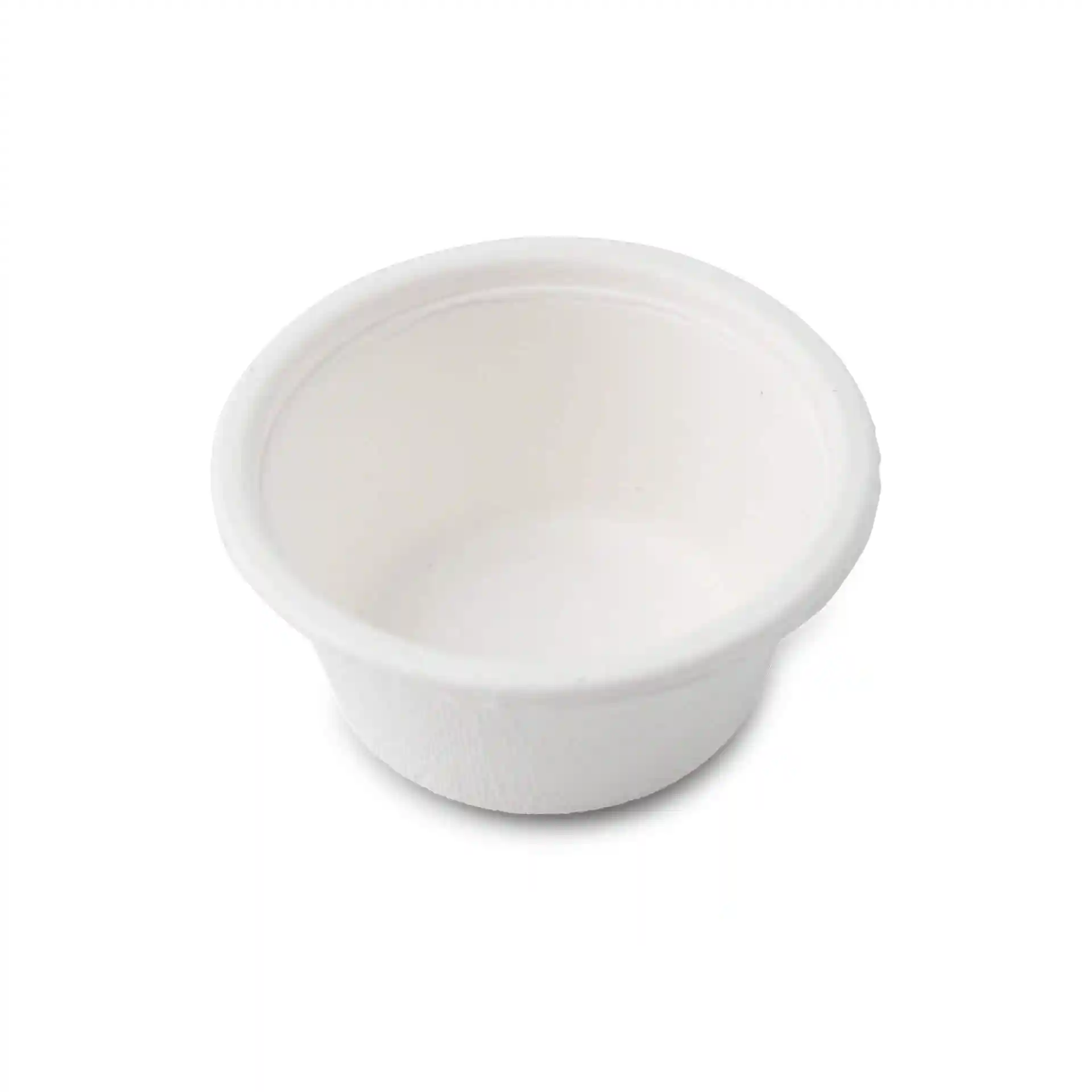 Weißer runder Becher aus Bagasse mit einem Durchmesser von 62 mm und einer Höhe von 30 mm, geeignet für 50 ml.