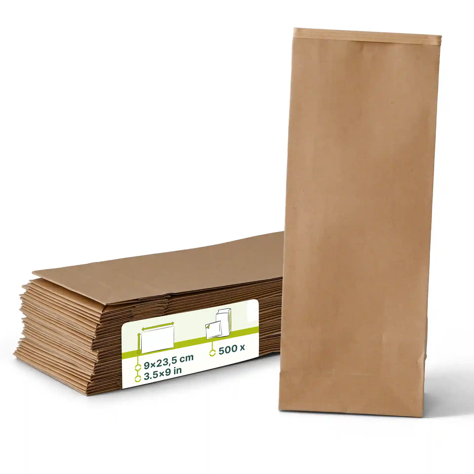 Braune Kraftpapier-Bodenbeutel mit Drahtverschluss, 9 x 5 x 23,5 cm, gestapelt mit einem Beutel aufrecht.