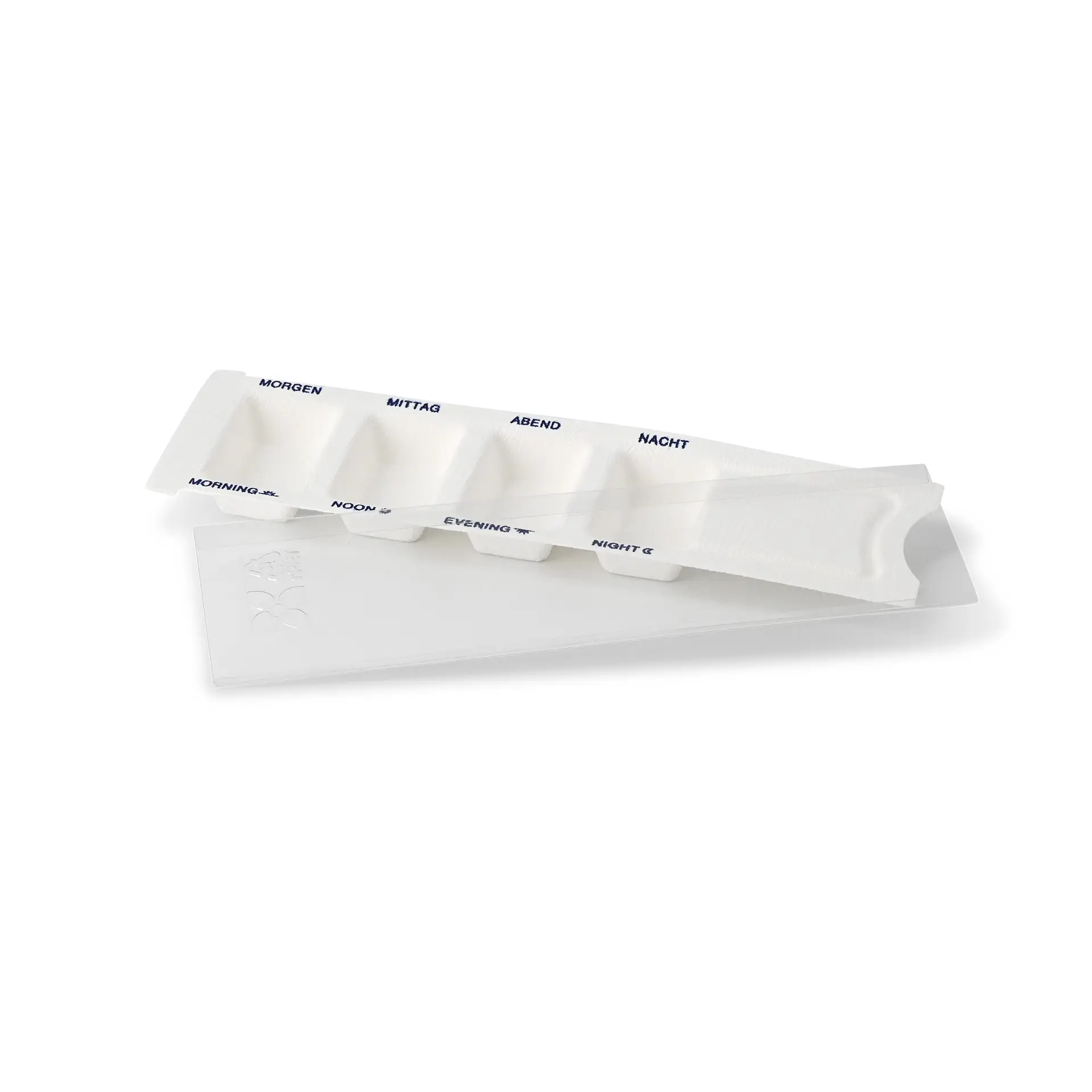 Distributeur de médicaments en fibres végétales 6 x 22 x 1 cm, 4 compartiments, couvercle coulissant en rPET dhy05070-medikamenten-dispenser-aus-pflanzenfasern-6-x-22-x-1-cm-4-kammern-rpet-schiebedeckel-2