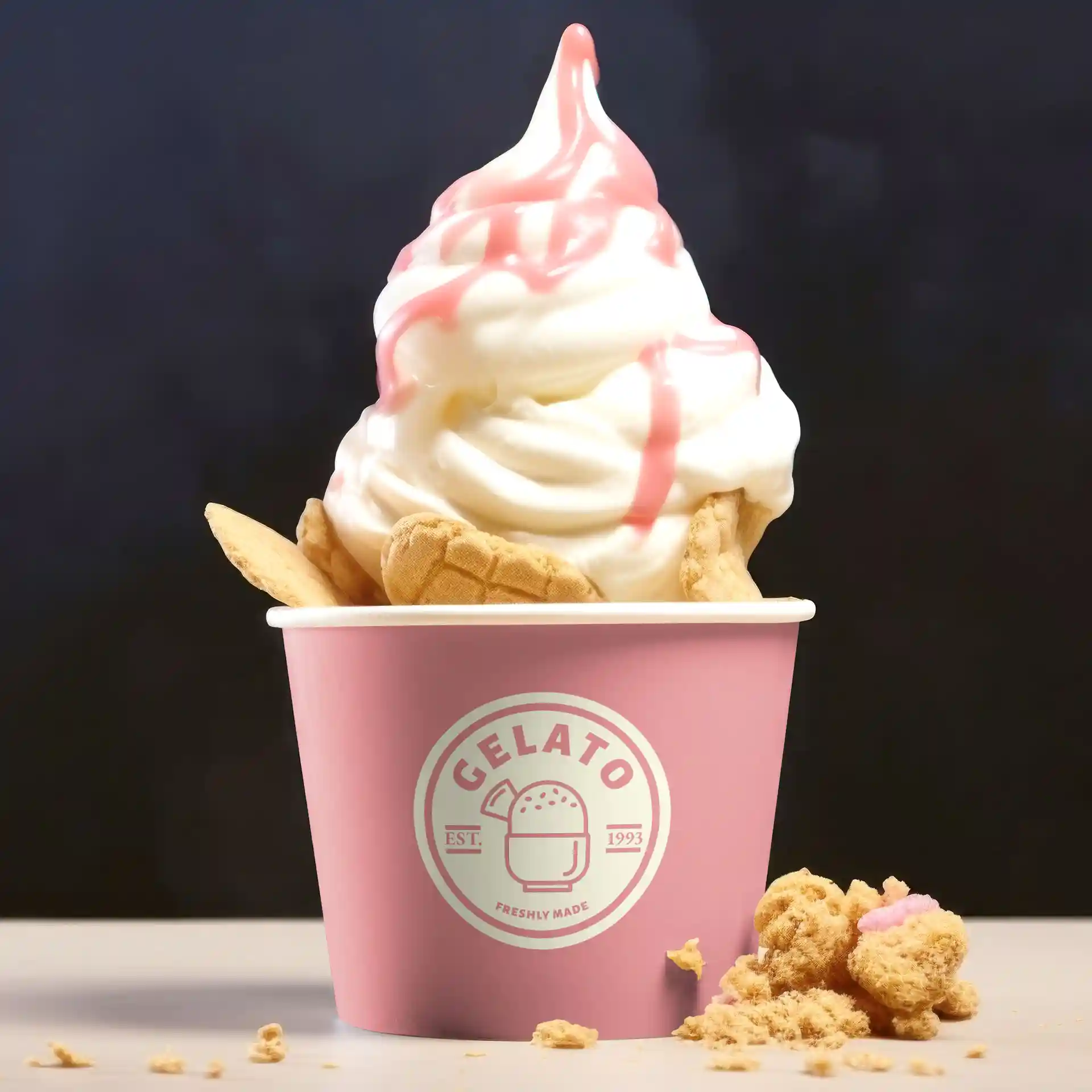 Crème glacée dans un gobelet rose surmontée de crème fouettée blanche et de sirop rose, avec des cornets et des miettes à côté.
