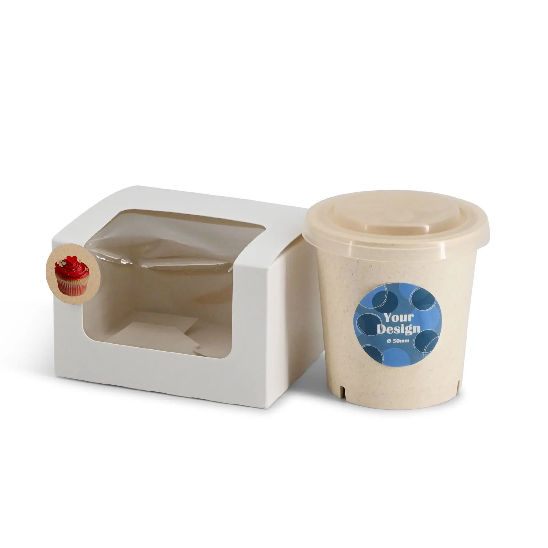 Conteneur rond en papier Kraft avec une étiquette imprimée sur mesure, accompagné d'une boîte blanche avec fenêtre claire pour la présentation.