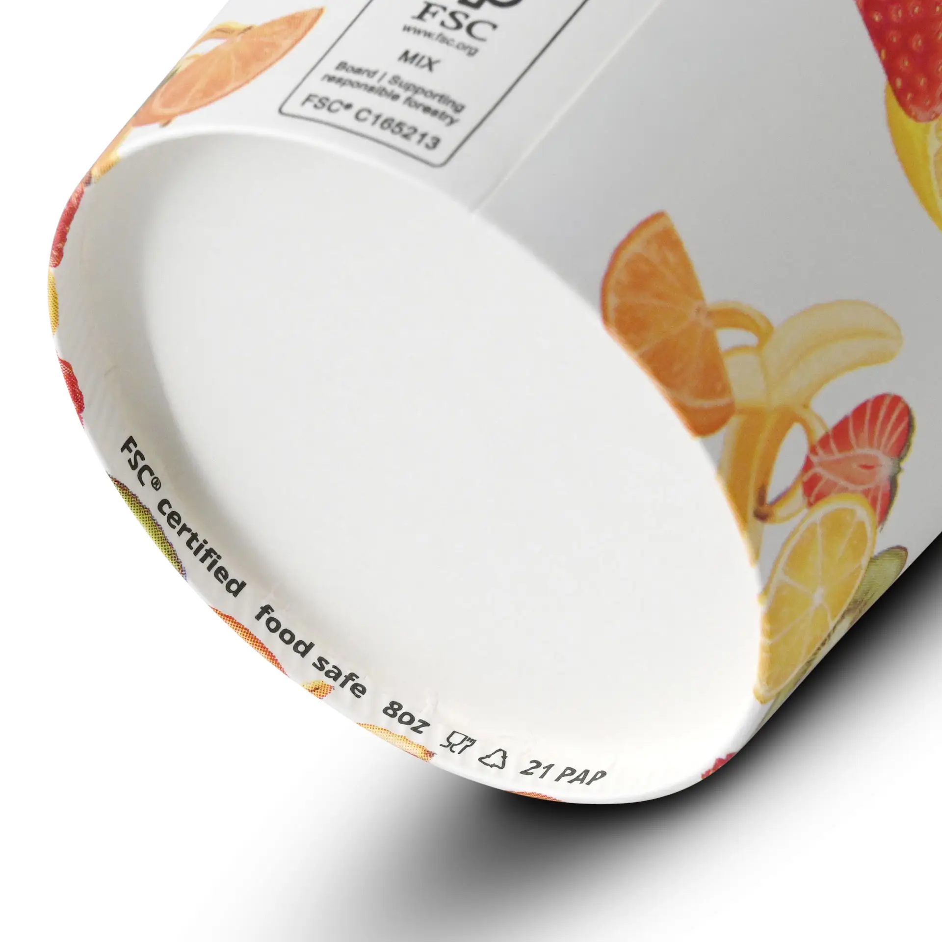 Tazza di carta stampata per gelato con design di frutta; rivestita in PE, adatta per cibi caldi e freddi, capacità di 8 oz.