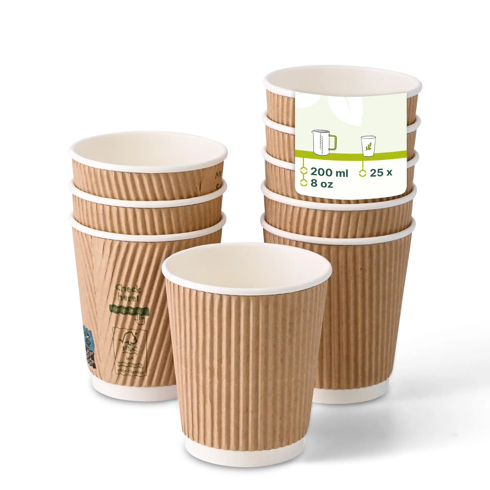 Riffelbecher / Coffee to go Becher 200 ml / 8 oz, Ø 80 mm, braun / innen weiss, PLA-beschichtet