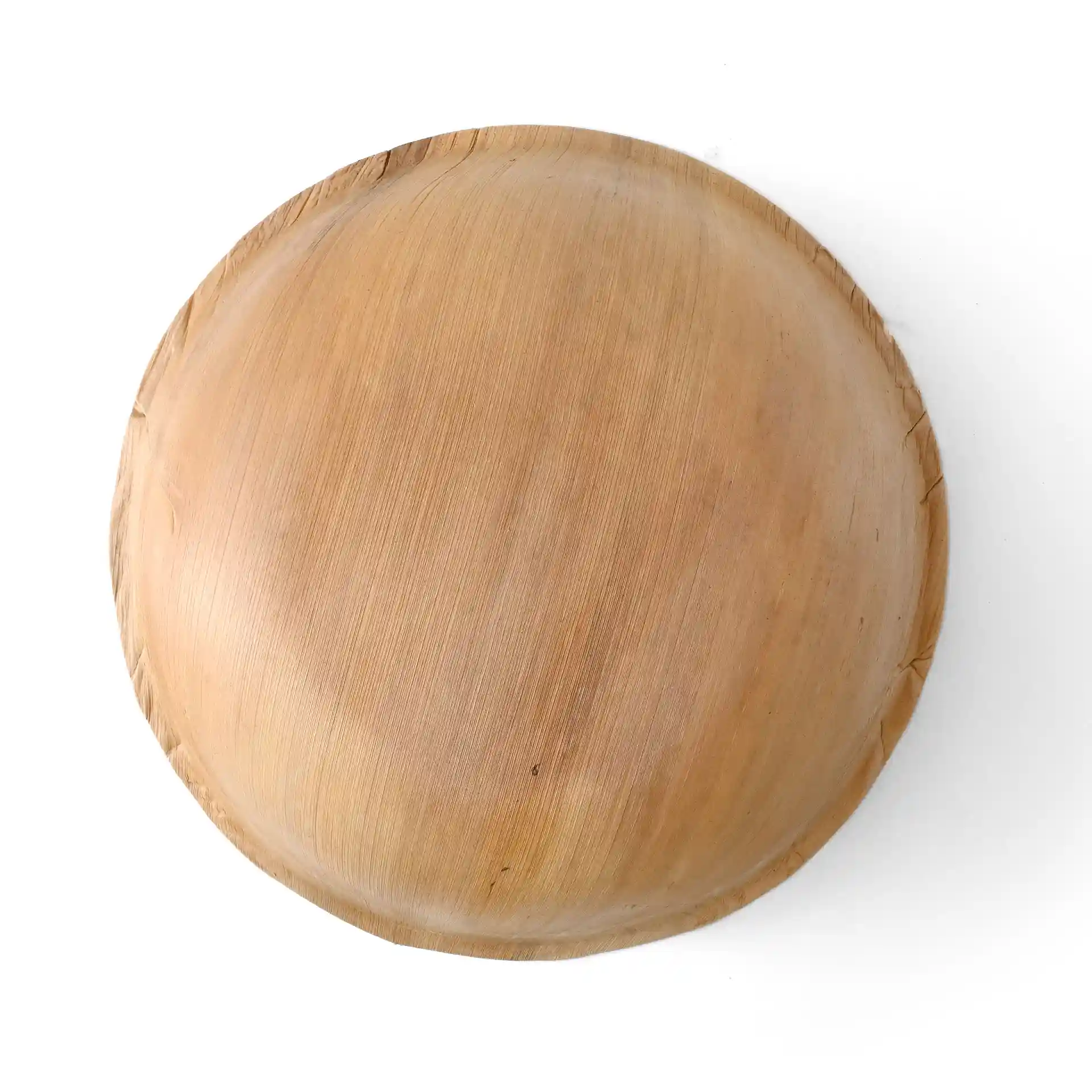 Bol rond en feuille de palmier de 30 cm de diamètre, montrant une texture de grain lisse sur fond blanc.