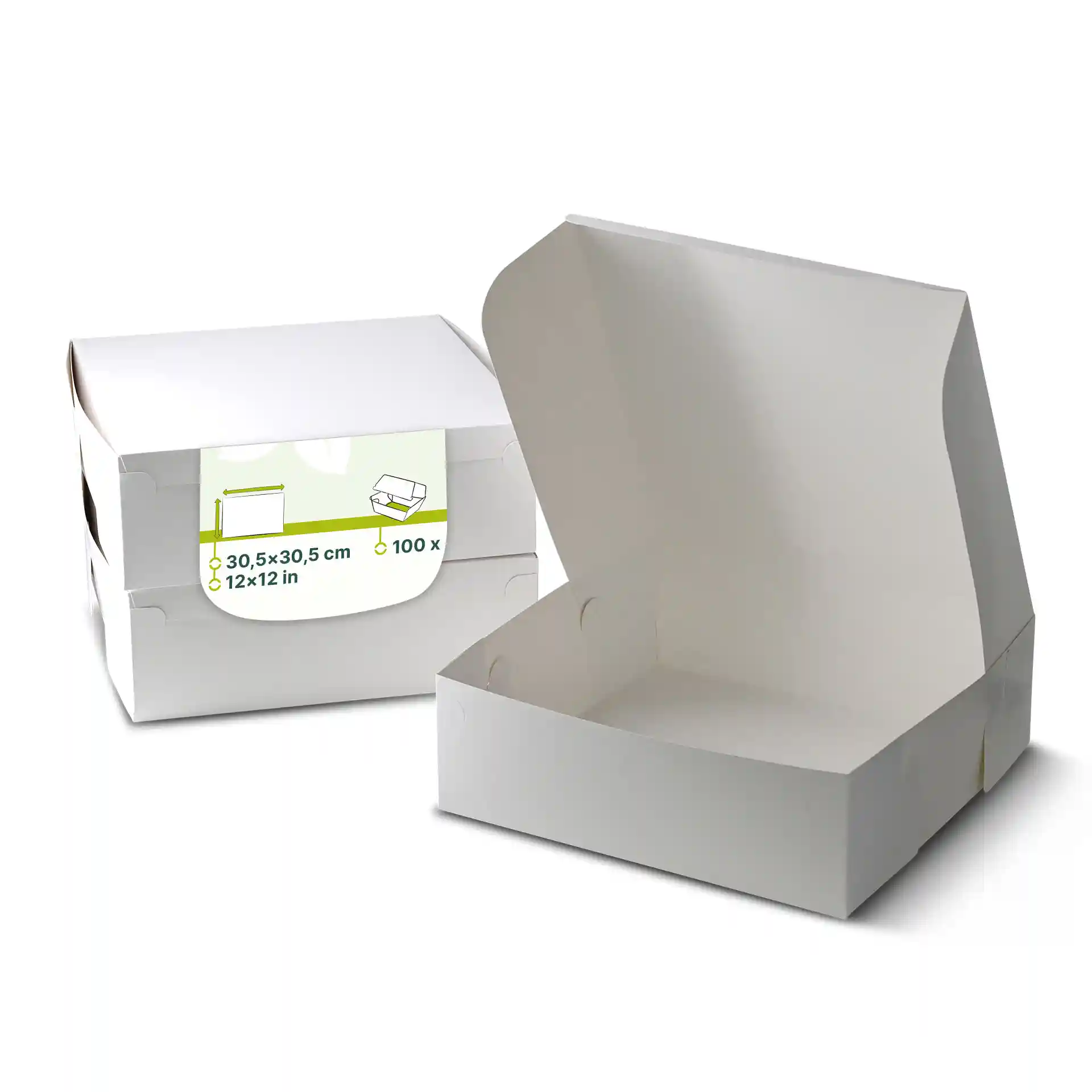 Boîte à gâteau blanche avec un couvercle ouvert, dimensions 30,5 x 30,5 x 10 cm, montrant une étiquette avec les détails du produit.