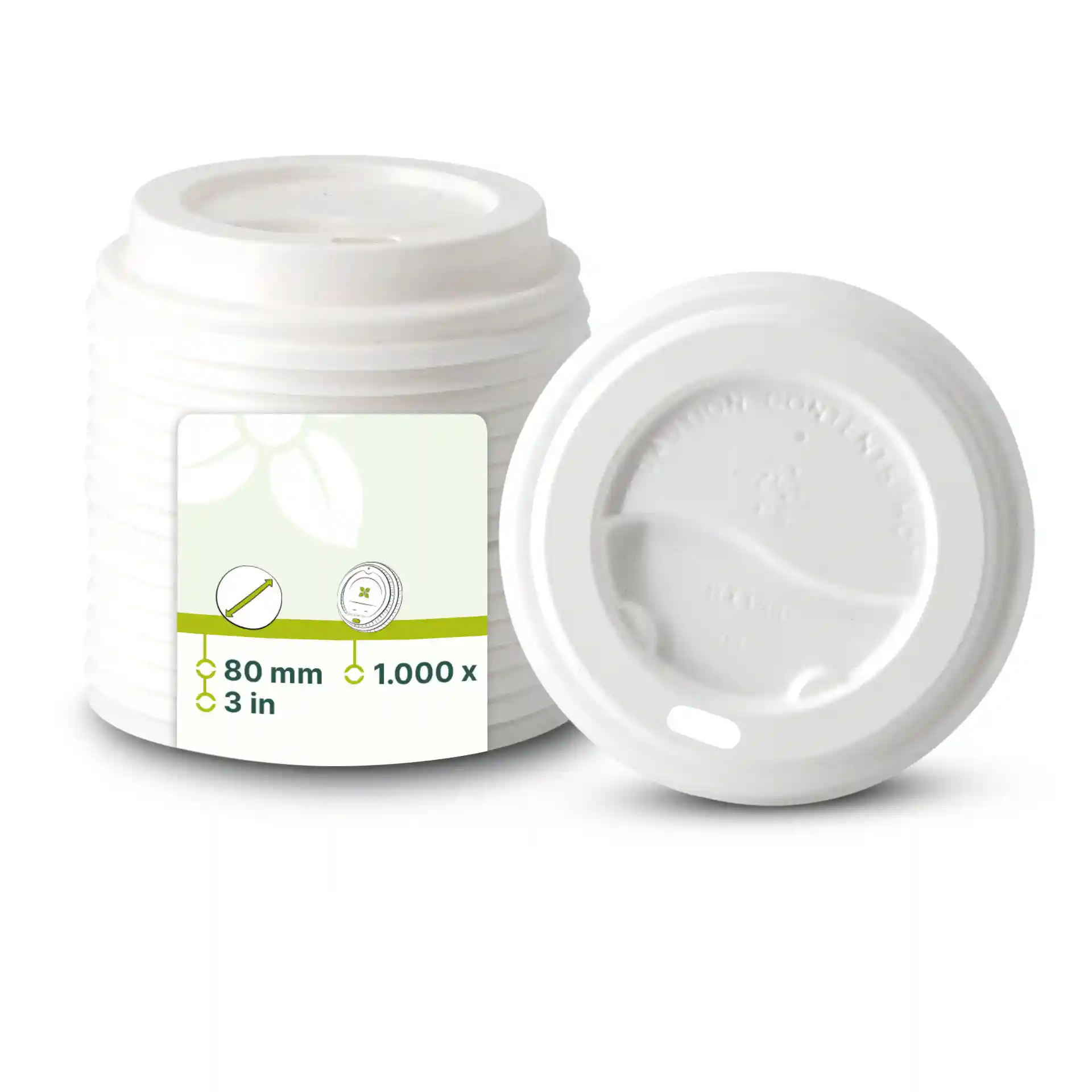 Coperchio in PS bianco con un diametro di 80 mm, dotato di foro per bere e impilato con altri coperchi simili.