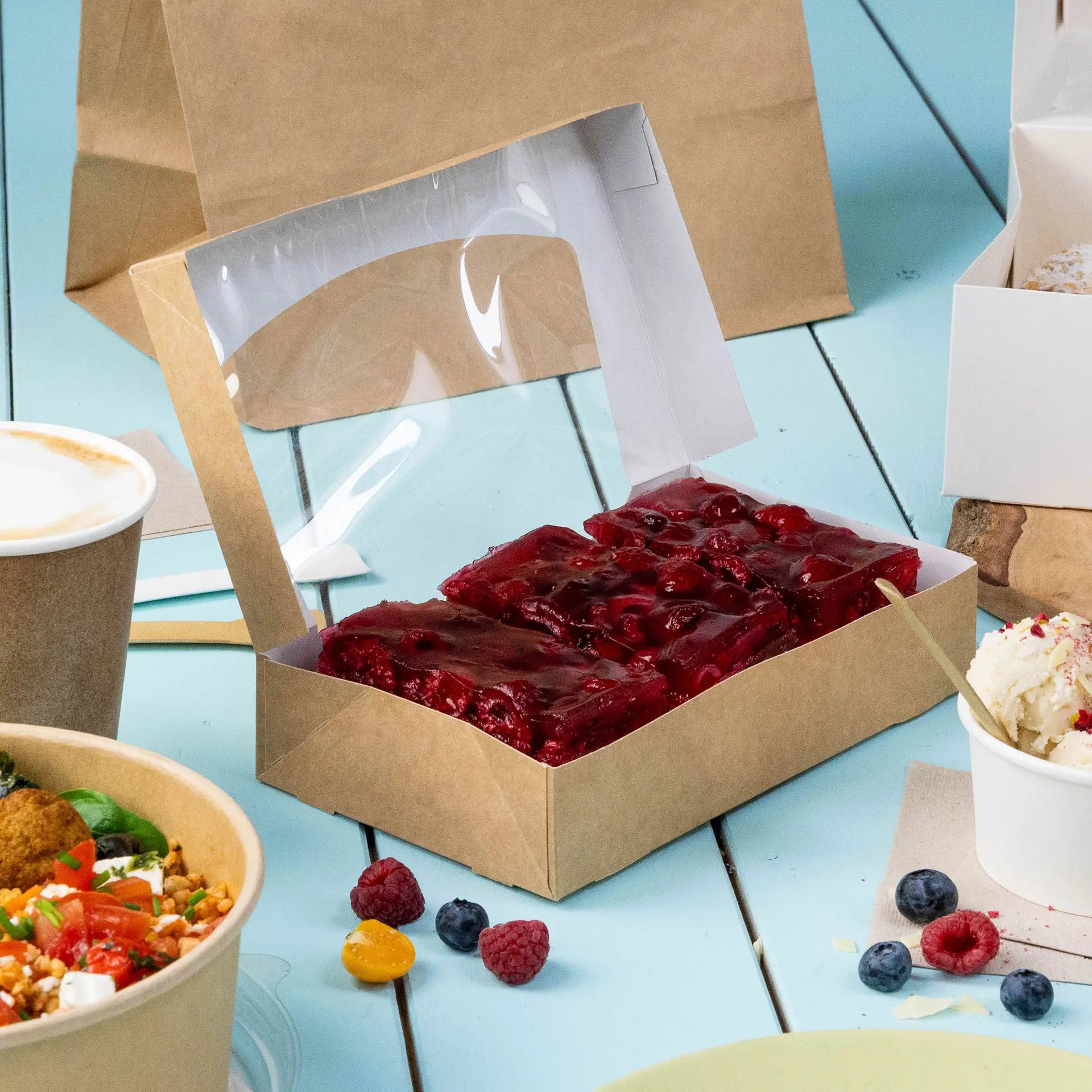 Faltschachteln mit Sichtfenster 20 x 12 x 4 cm, 900 ml, Zellulose-Fenster, aussen braun, innen weiss