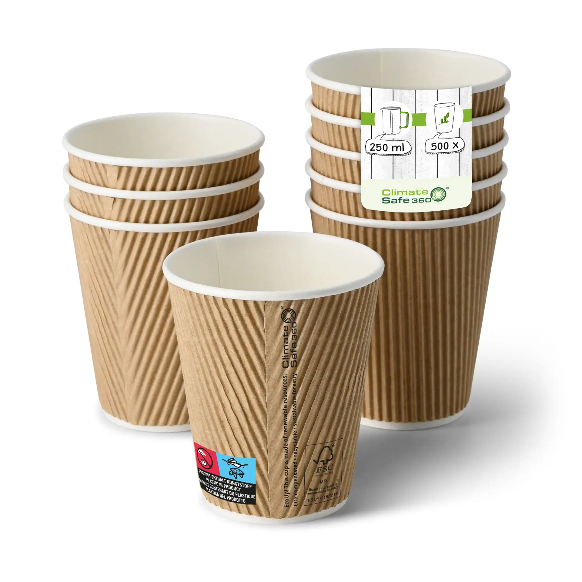 Gobelet en carton ondulé à emporter (revêtu de PE) 25 cl / 8 oz, Ø 90 mm, brun, intérieur blanc con10025-01-0-riffelbecher-beschichtet-coffee-to-go-becher-250-ml-10-oz-90-mm-braun-innen-weiss