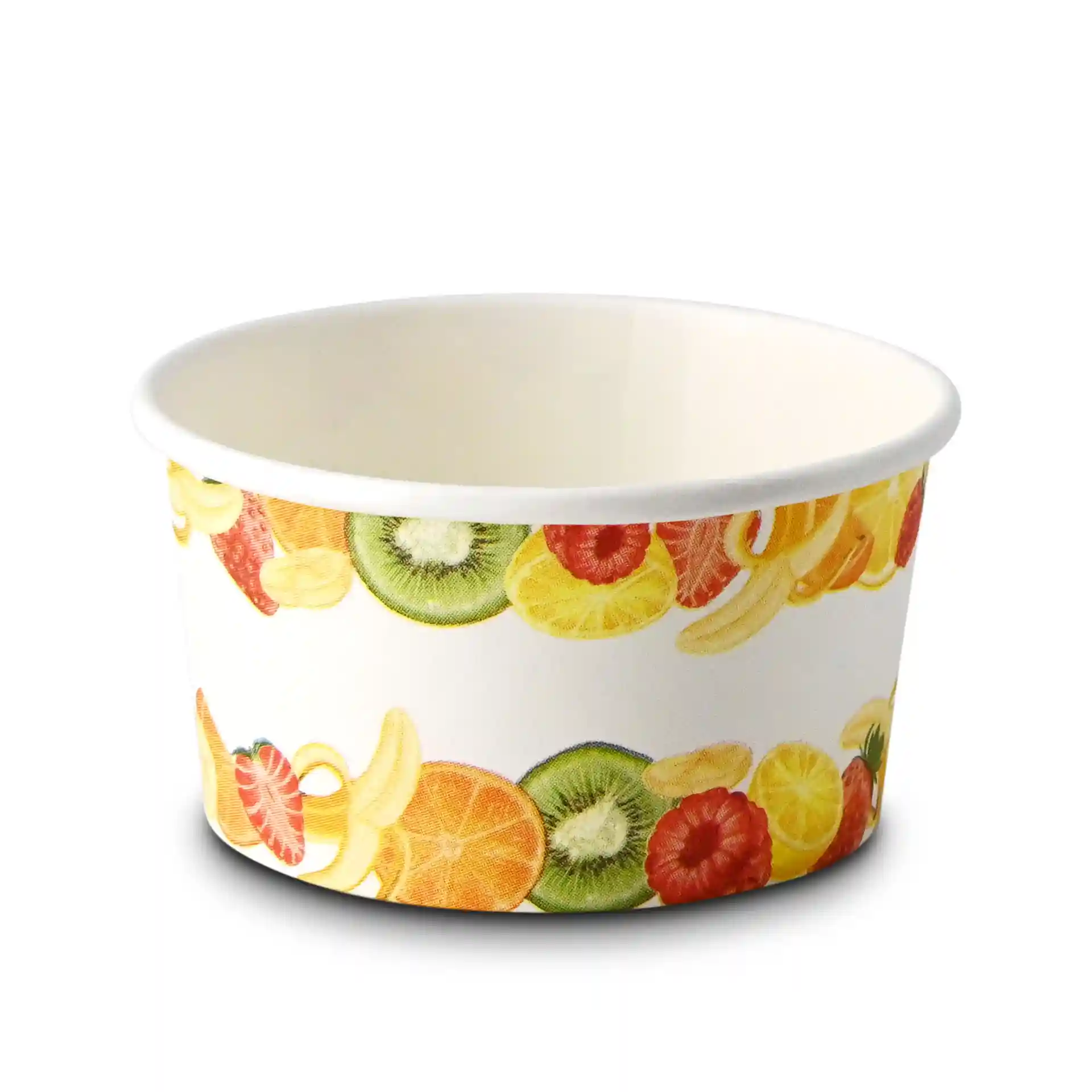 Papierbecher mit Fruchtprint-Design, 6 oz Kapazität, 92 mm Durchmesser oben und 50 mm Höhe.