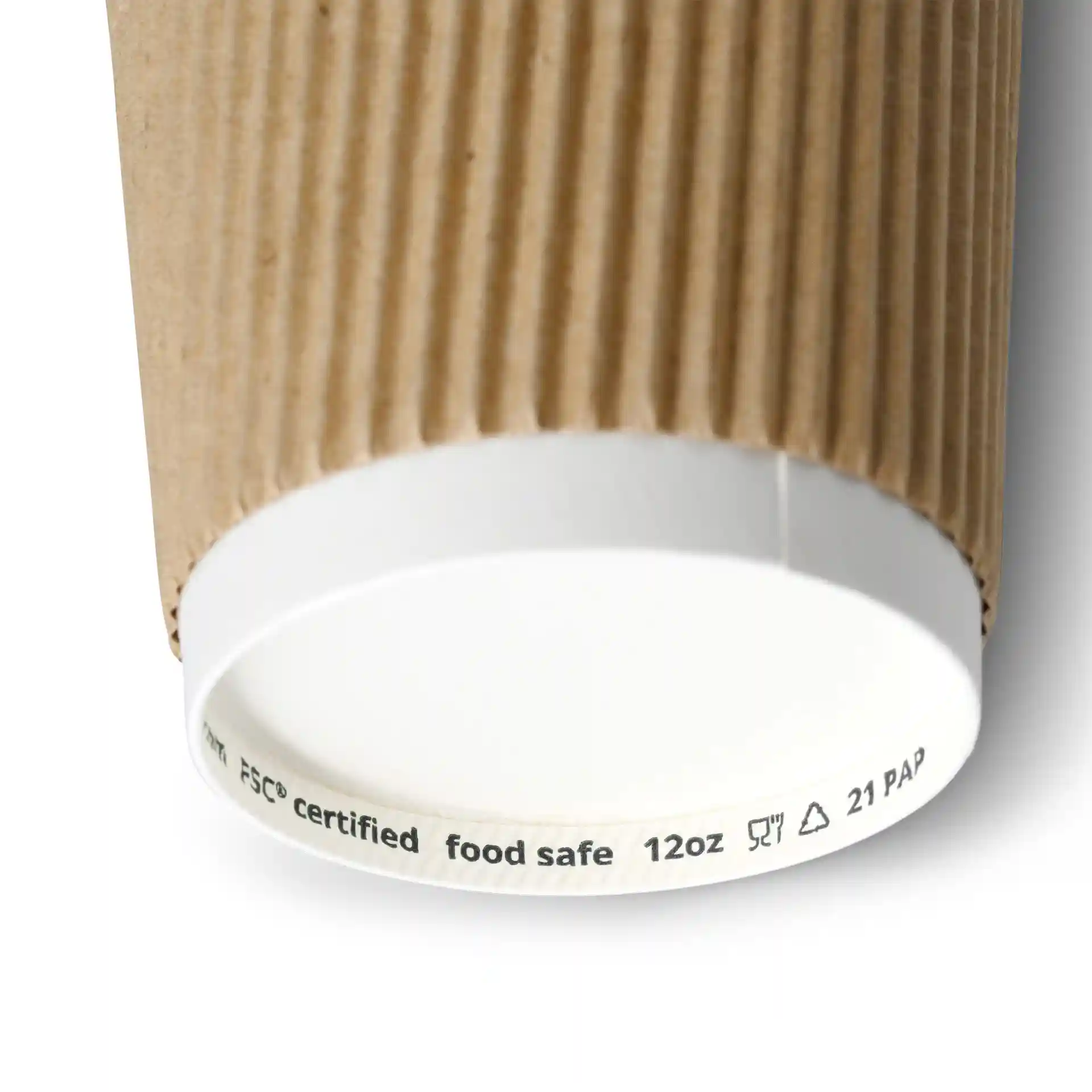 Tazza di carta marrone con rivestimento bianco, mostra il bordo inferiore e le indicazioni per dimensione e materiale.