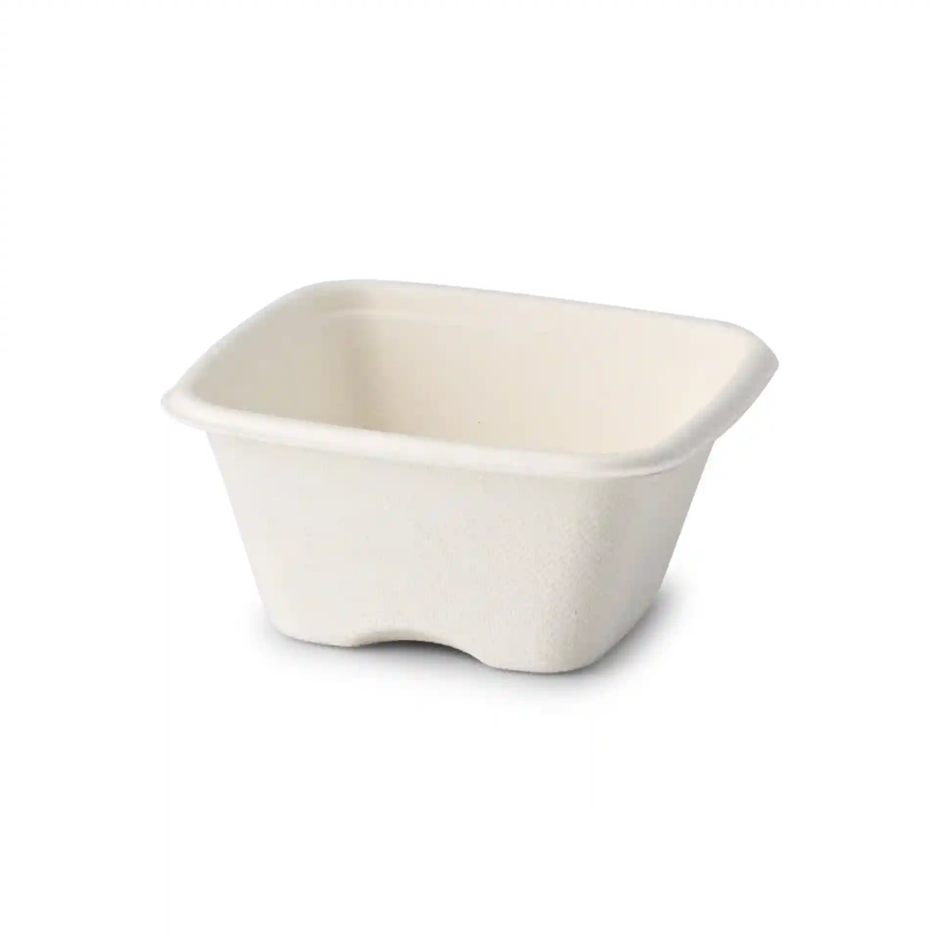 Bicchiere porzione quadrato bianco in bagassa, 100 ml, misura 81 x 81 x 37 mm, con superficie testurizzata.