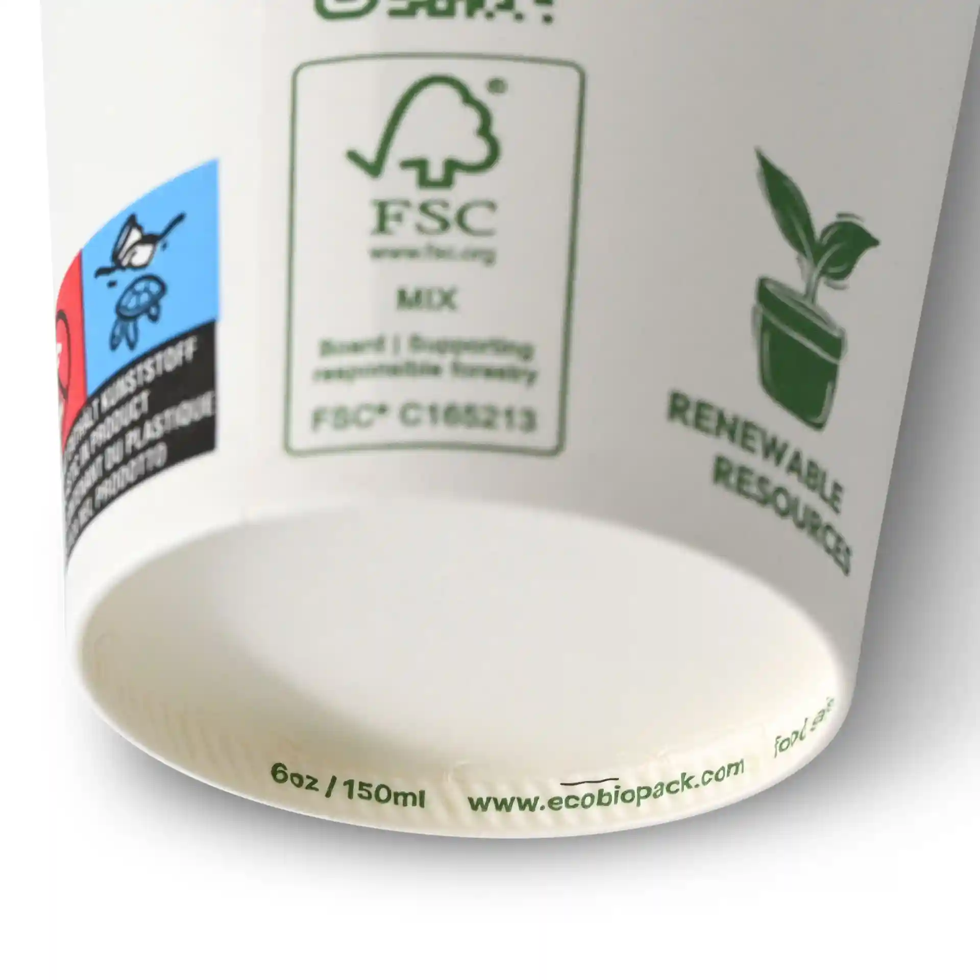 Pappbecher 150 ml / 6 oz, Ø 80 mm, "EcoUp©"- Icons, einwandig, weiss, PLA-beschichtet