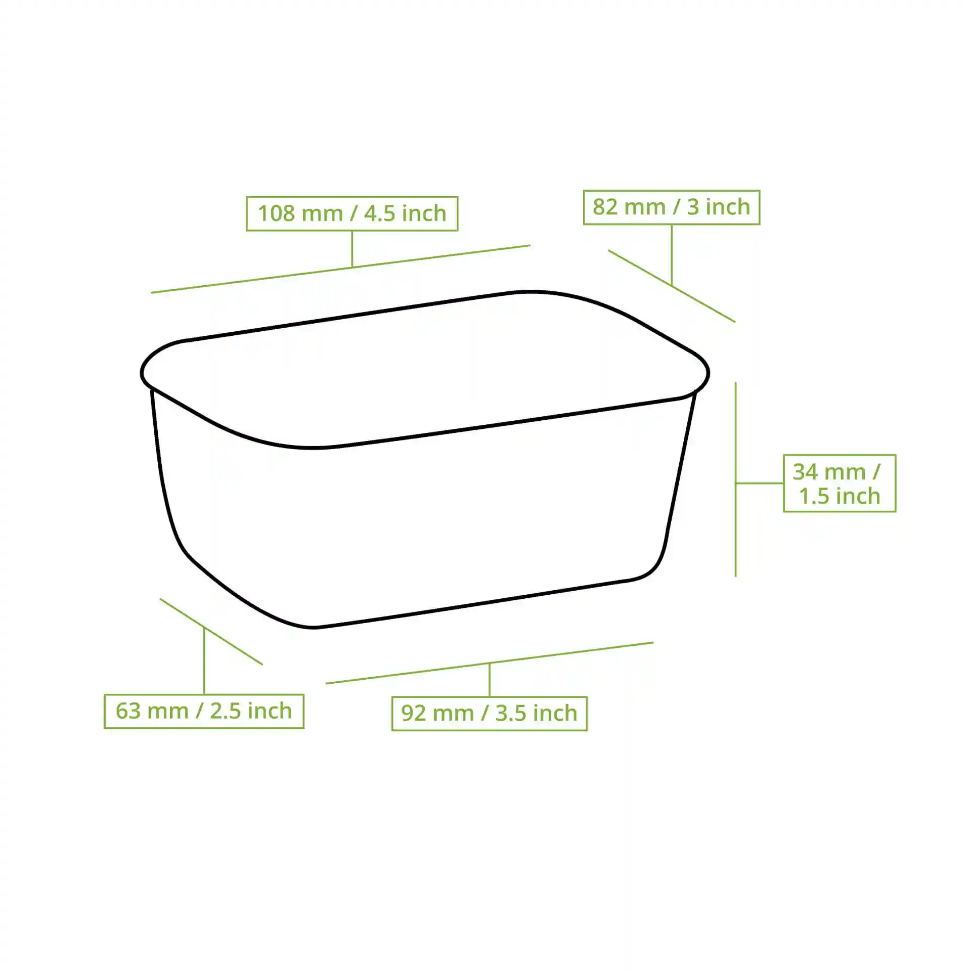 Disegno schematico di un contenitore per alimenti rettangolare con linee di dimensione che indicano altezza, lunghezza e larghezza.