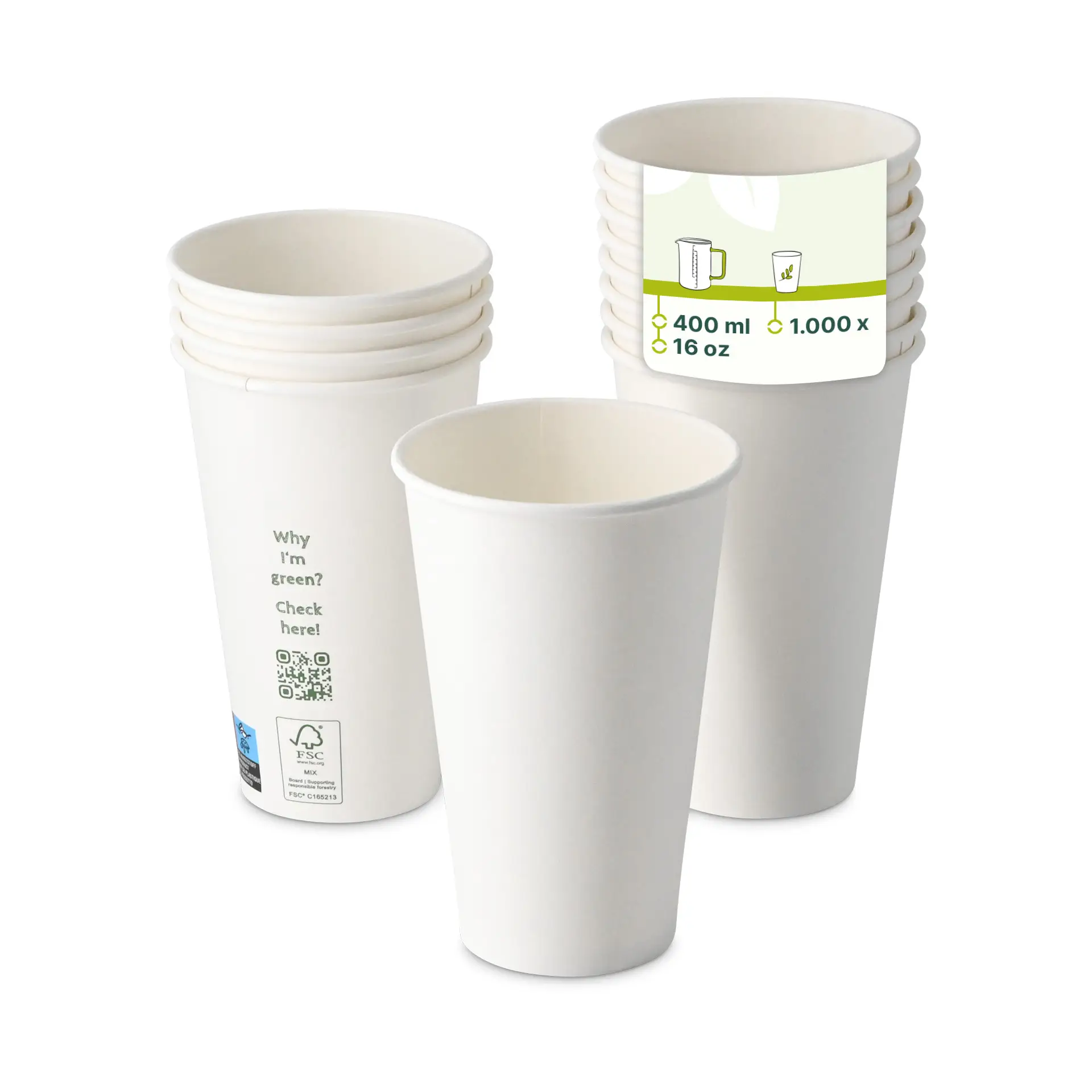 Pappbecher 400 ml / 16 oz, Ø 90 mm, einwandig, weiss, PLA-beschichtet