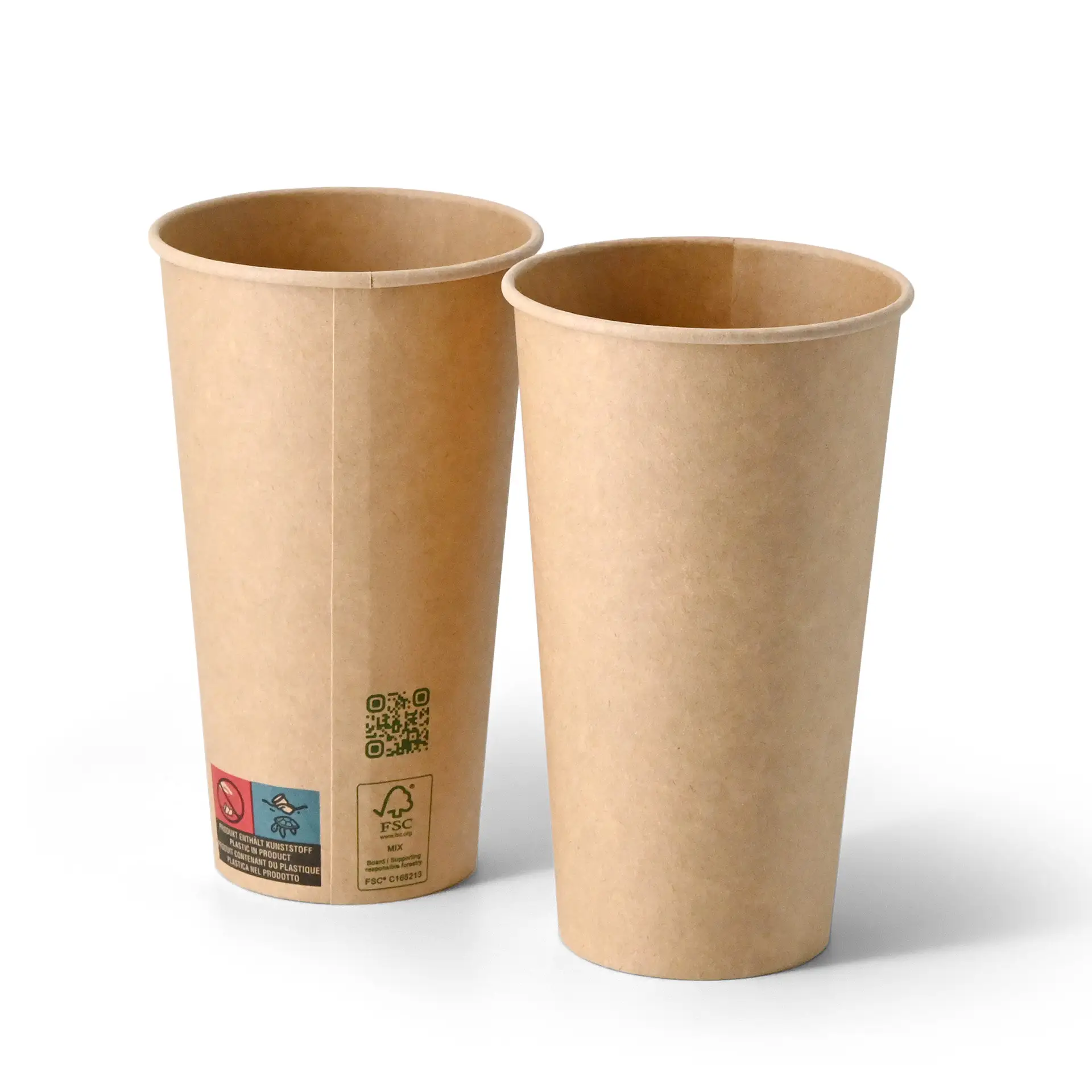 Braune Pappbecher, einwandig, 500 ml Fassungsvermögen, 150 mm Höhe, 90 mm Durchmesser, zwei Becher abgebildet.
