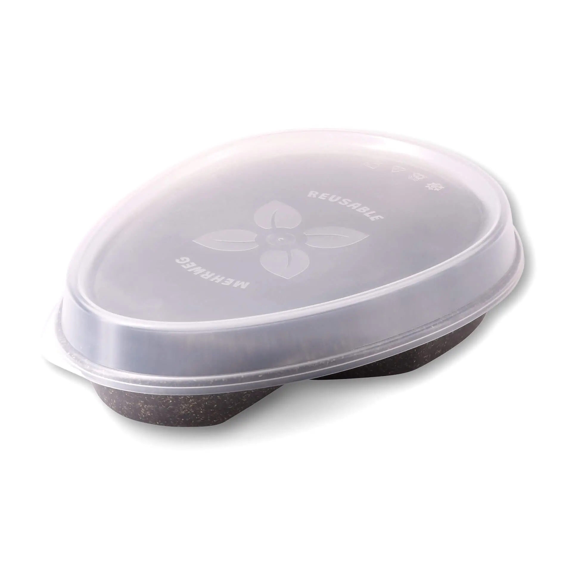 Assiette repas réutilisable « merways Plate » poivre / gris 27,5 x 20 x 3,5 cm, 2 compartiments, ovale dfc00858-mehrweg-menueteller-merways-plate-275-x-20-x-35-cm-2-kammern-tropfenfoermig-pfeffer-grau-5