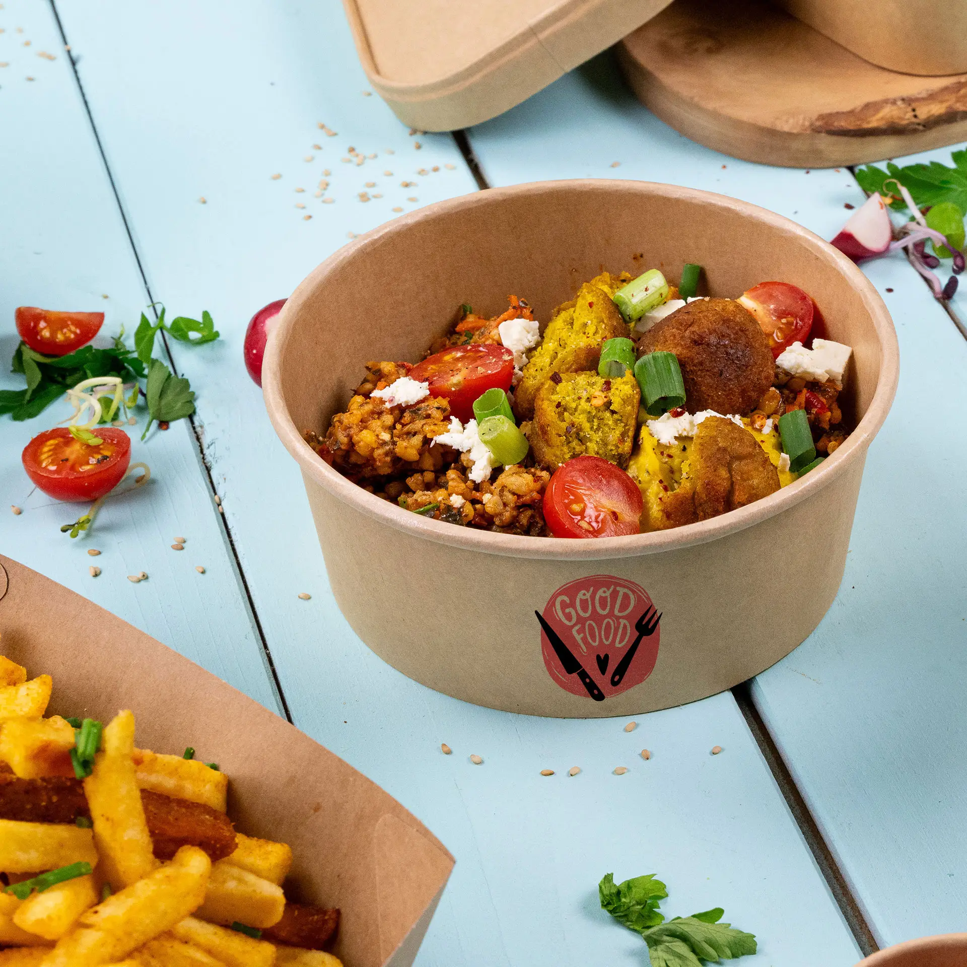 Salatschalen bedrucken / Bowls bedruckt, 650 ml, Ø 150 mm, braun, PLA-beschichtet