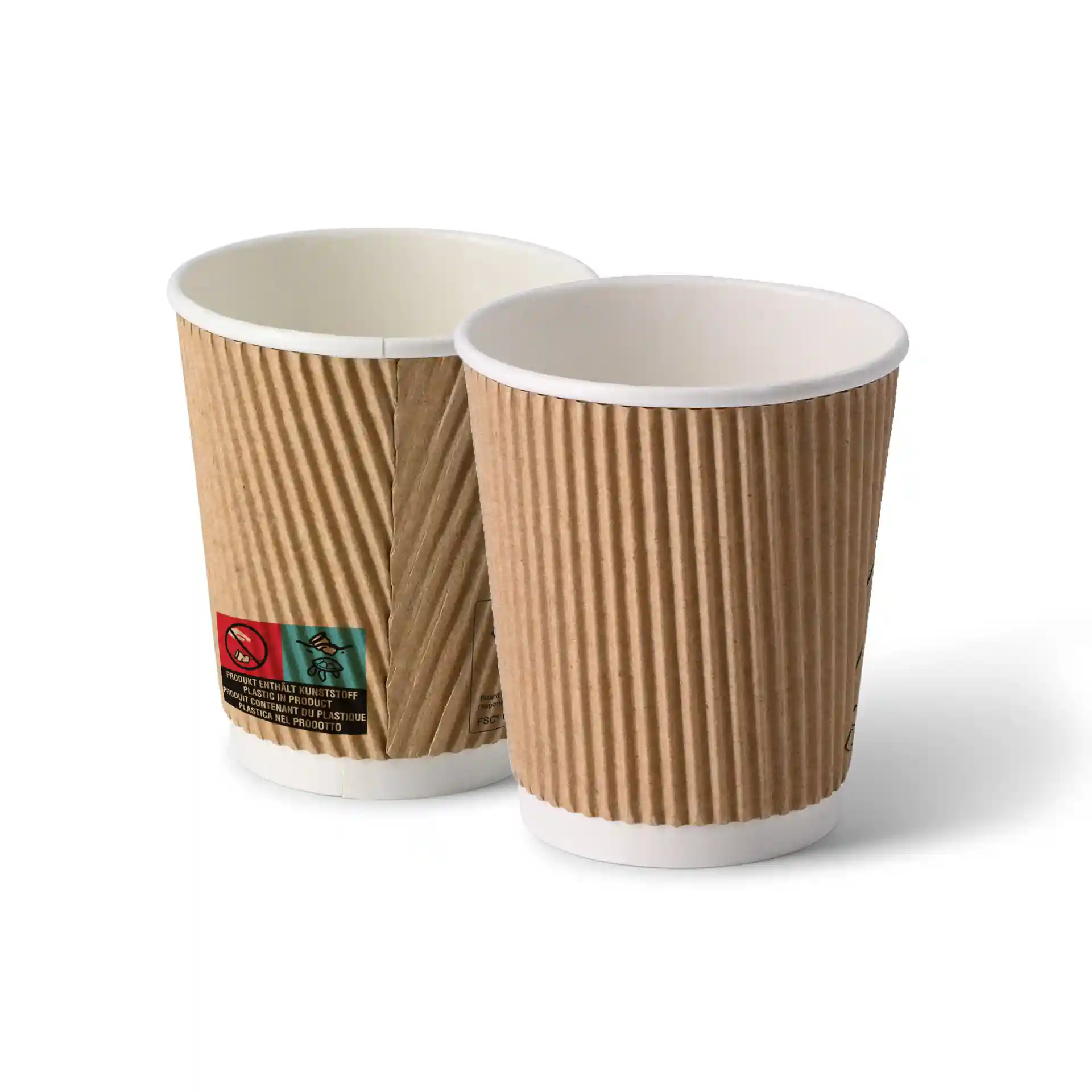 Deux tasses à café marron avec un intérieur blanc, montrant un extérieur texturé et une étiquette d'avertissement sur une tasse.