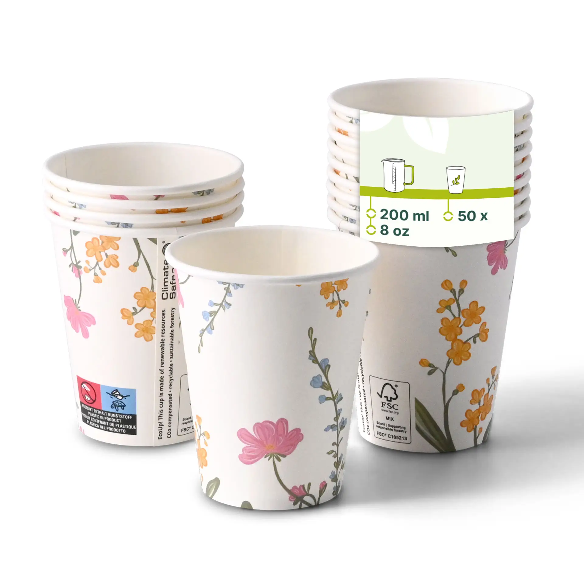 Pappbecher bedruckt "Frühling" (beschichtet) 200 ml / 8 oz, Ø 80 mm, weiss