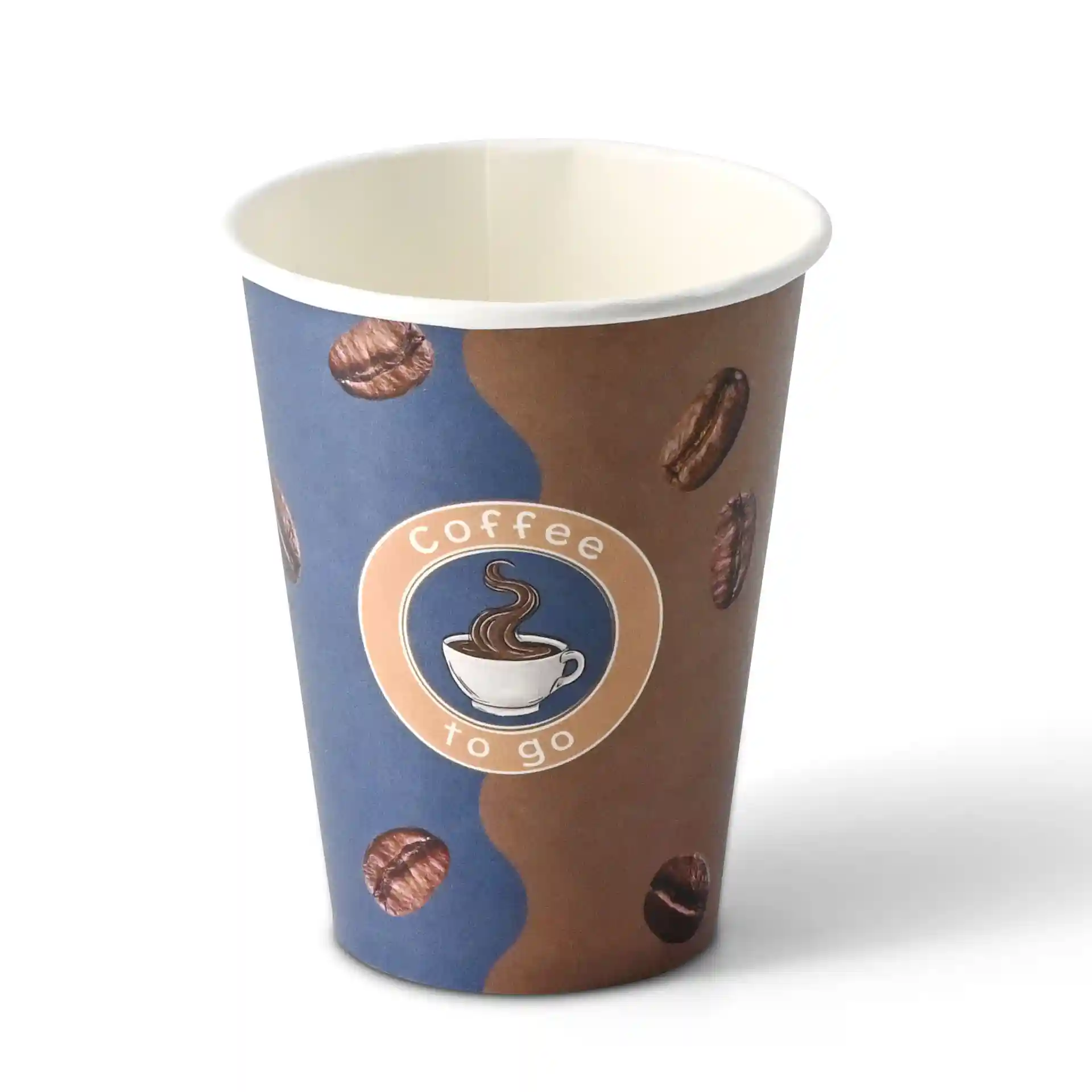 Bicchiere di carta rotondo da 12 oz con design del caffè stampato, con chicchi di caffè e un'etichetta "coffee to go".