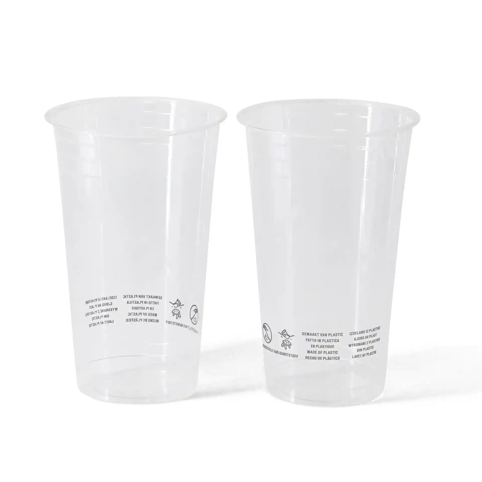 Gobelets en plastique PLA transparent, capacité de 500 ml, diamètre de 95 mm et hauteur de 148 mm, avec marquages imprimés.