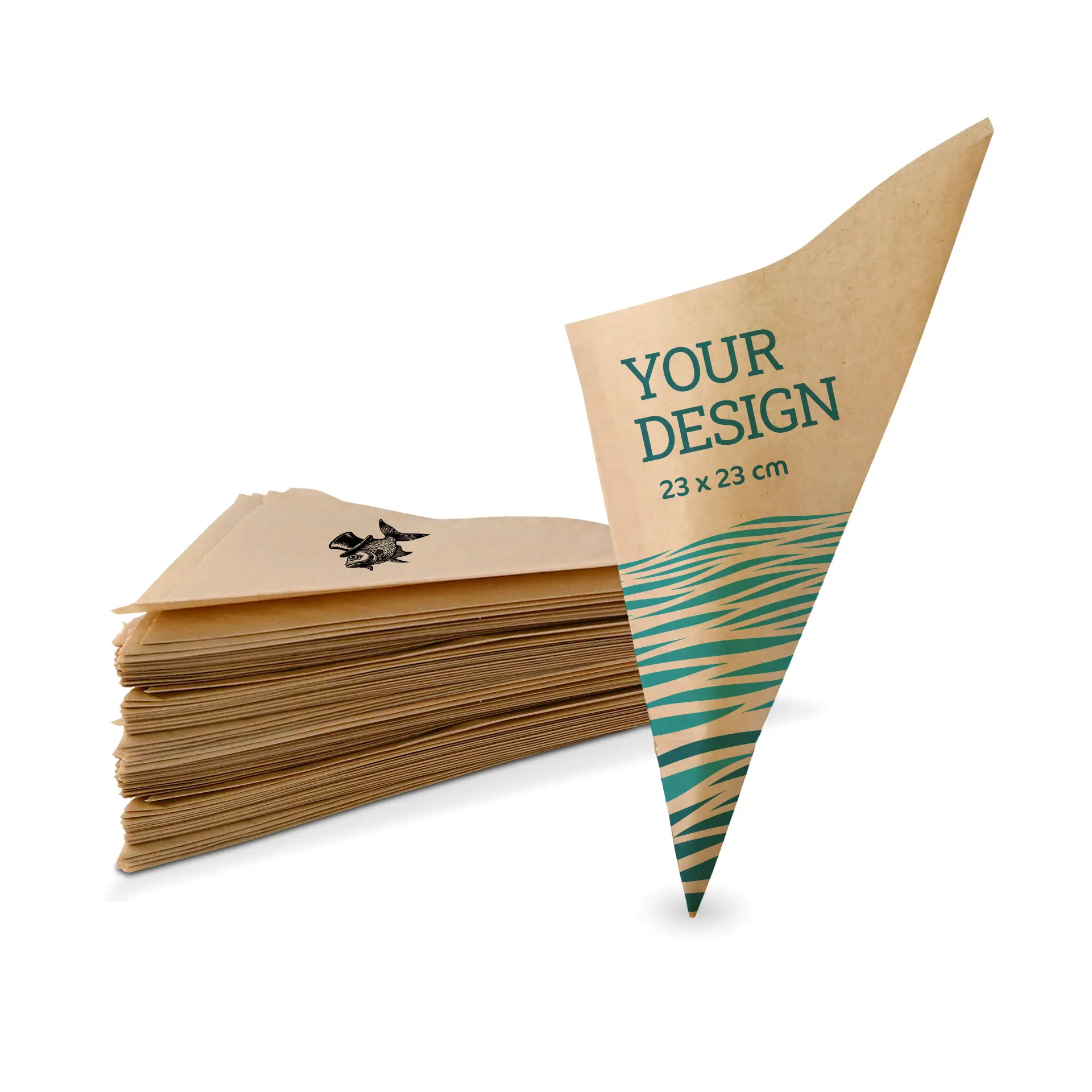 Busta a cono in carta marrone personalizzata per cibo, dimensioni 23 × 23 cm, con un design illustrativo sul retro.
