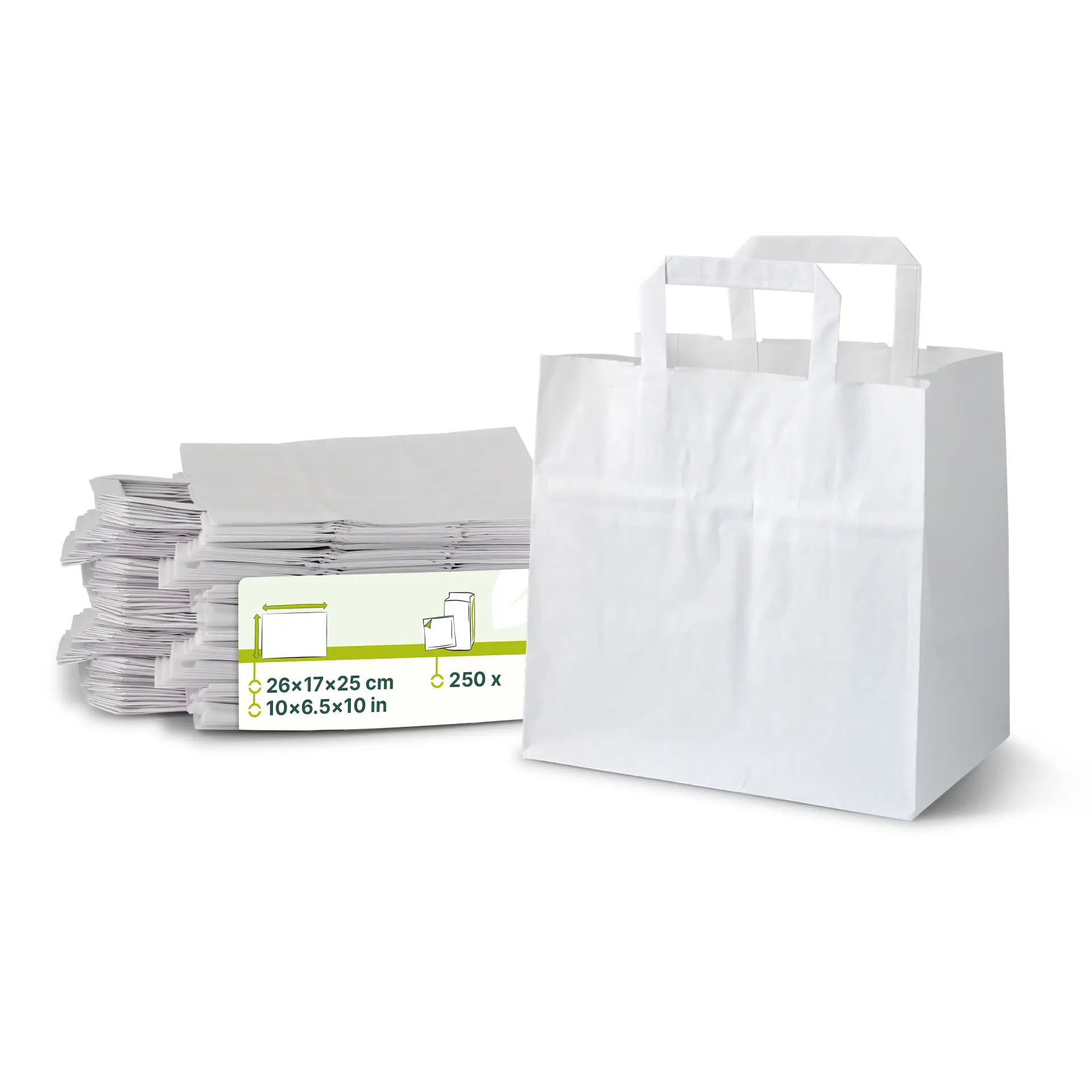 Tragetaschen aus Kraftpapier L, 26 x 17 x 25 cm, weiss, breiter Boden Tragetaschen aus Kraftpapier L, 26 x 17 x 25 cm, weiss, breiter Boden