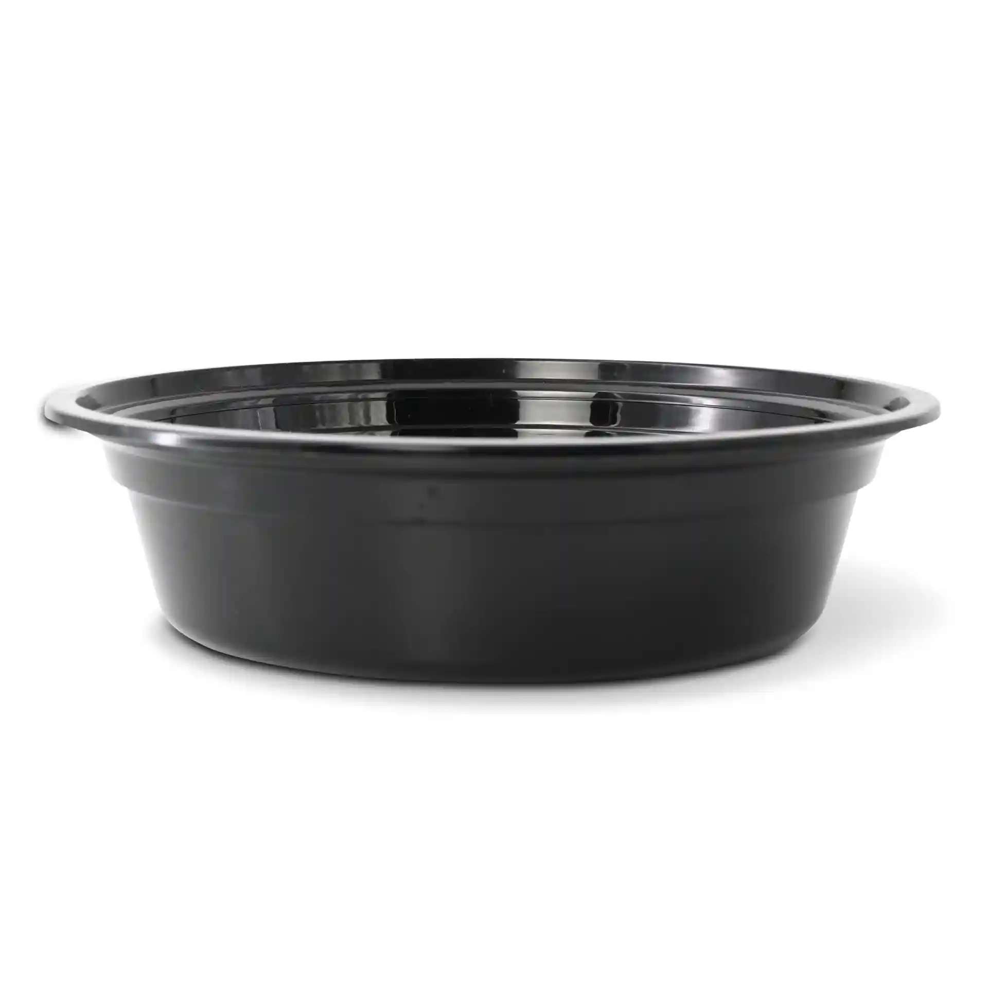 Piatto rotondo riutilizzabile nero in polipropilene, capacità di 450 ml, altezza di 42 mm e diametro di 158 mm.