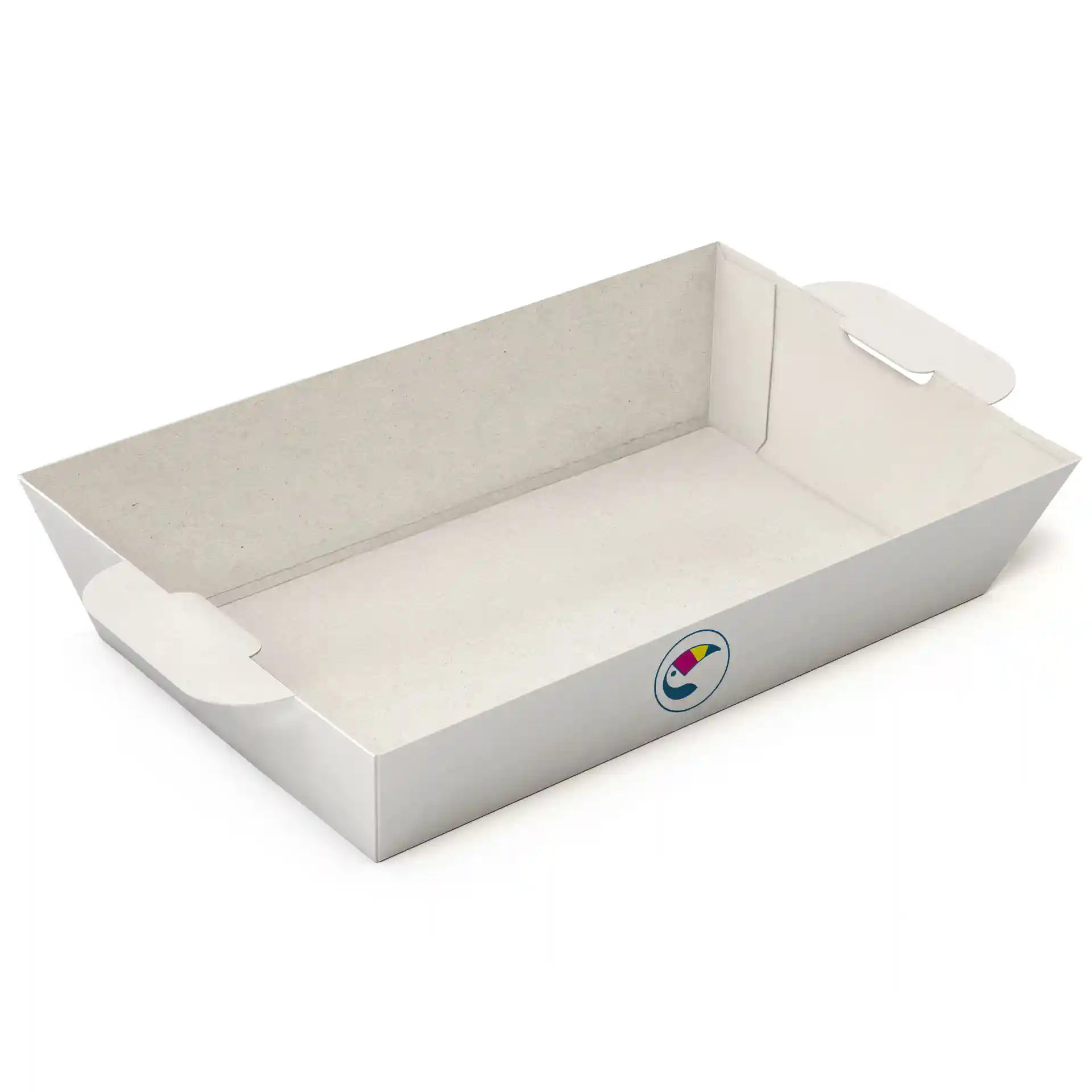 Plateau rectangulaire blanc mesurant 19,7 x 13,7 cm avec une hauteur de 4,5 cm et des poignées latérales.