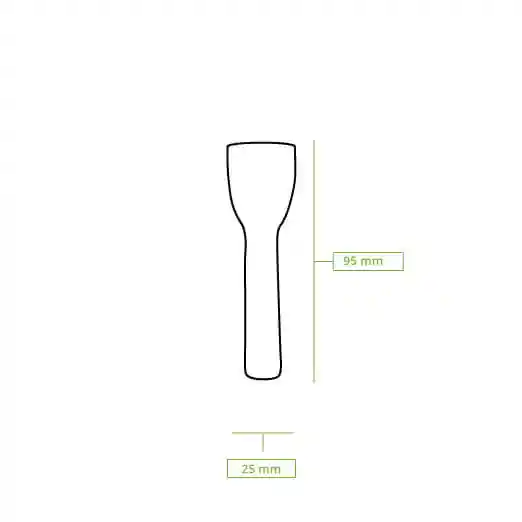 Disegno schematico di un cucchiaio di carta per gelato, lungo 95 mm e largo 25 mm, mostrato in forma di contorno.