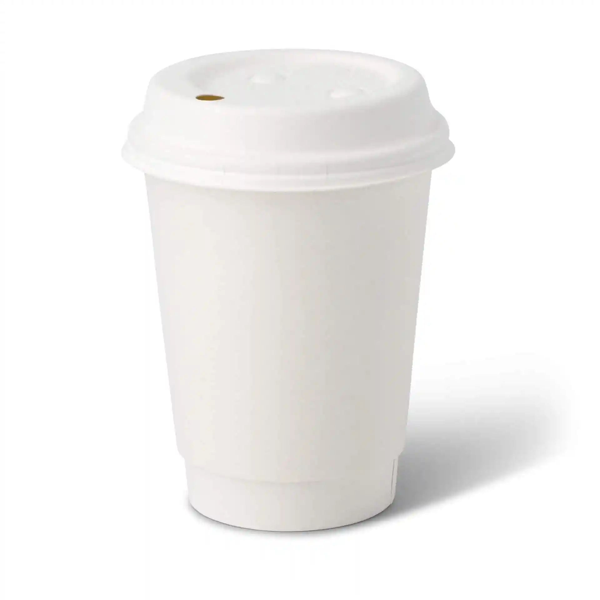 Bicchiere in cartone bianco a doppia parete con coperchio, capacità di 12 oz, forma rotonda e diametro di 90 mm.