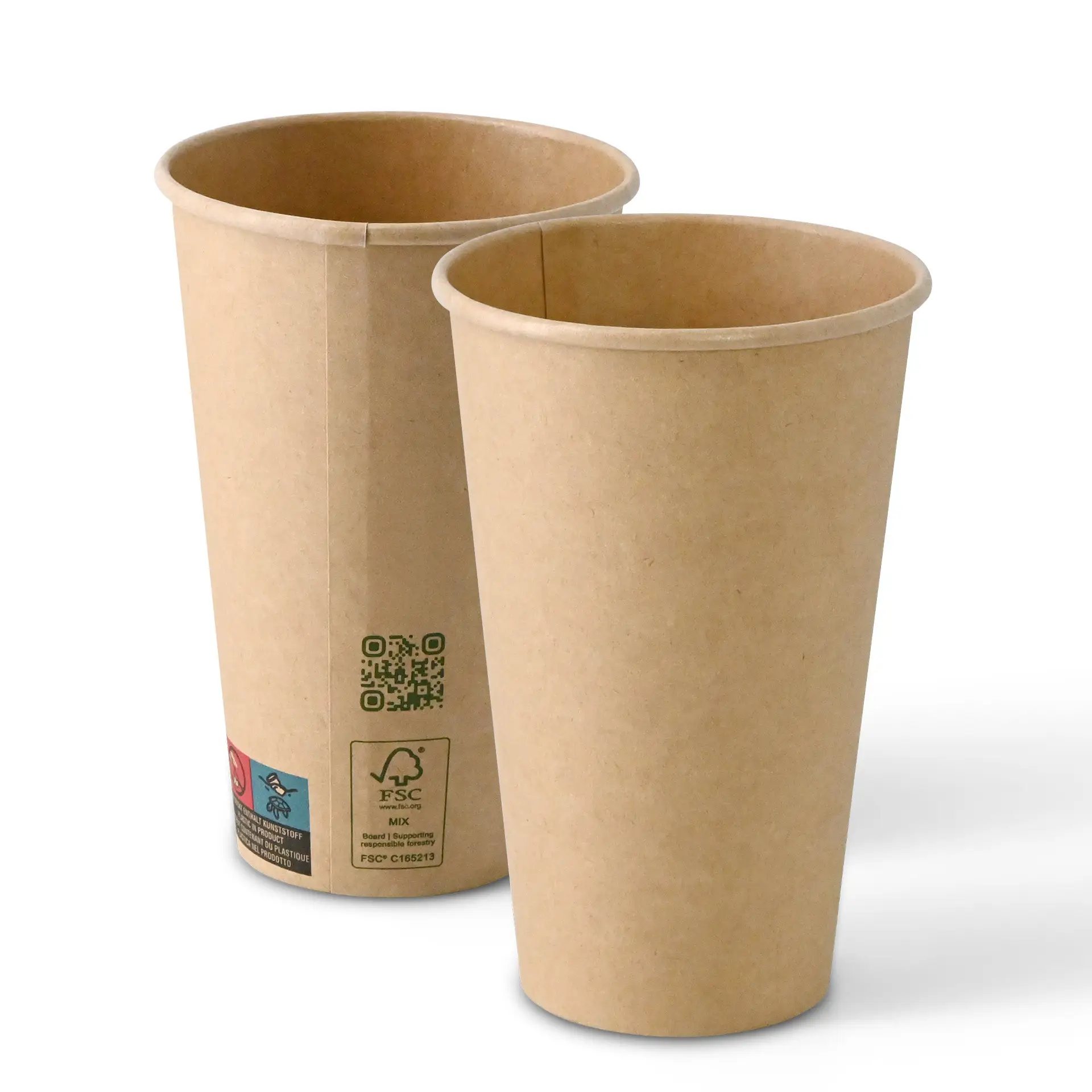 Bicchiere di carta marrone con parete singola, capacità di 400 ml e diametro di 90 mm, mostrato da due angolazioni.