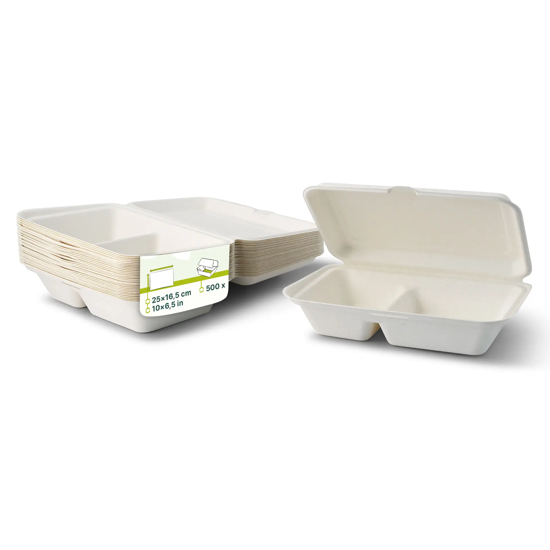 Boîtes à menu en canne à sucre 25 x 16,5 x 6,1 cm, 2 compartiments, couvercle rabattable, rectangulaires Boîtes à menu en canne à sucre 25 x 16,5 x 6,1 cm, 2 compartiments, couvercle rabattable, rectangulaires