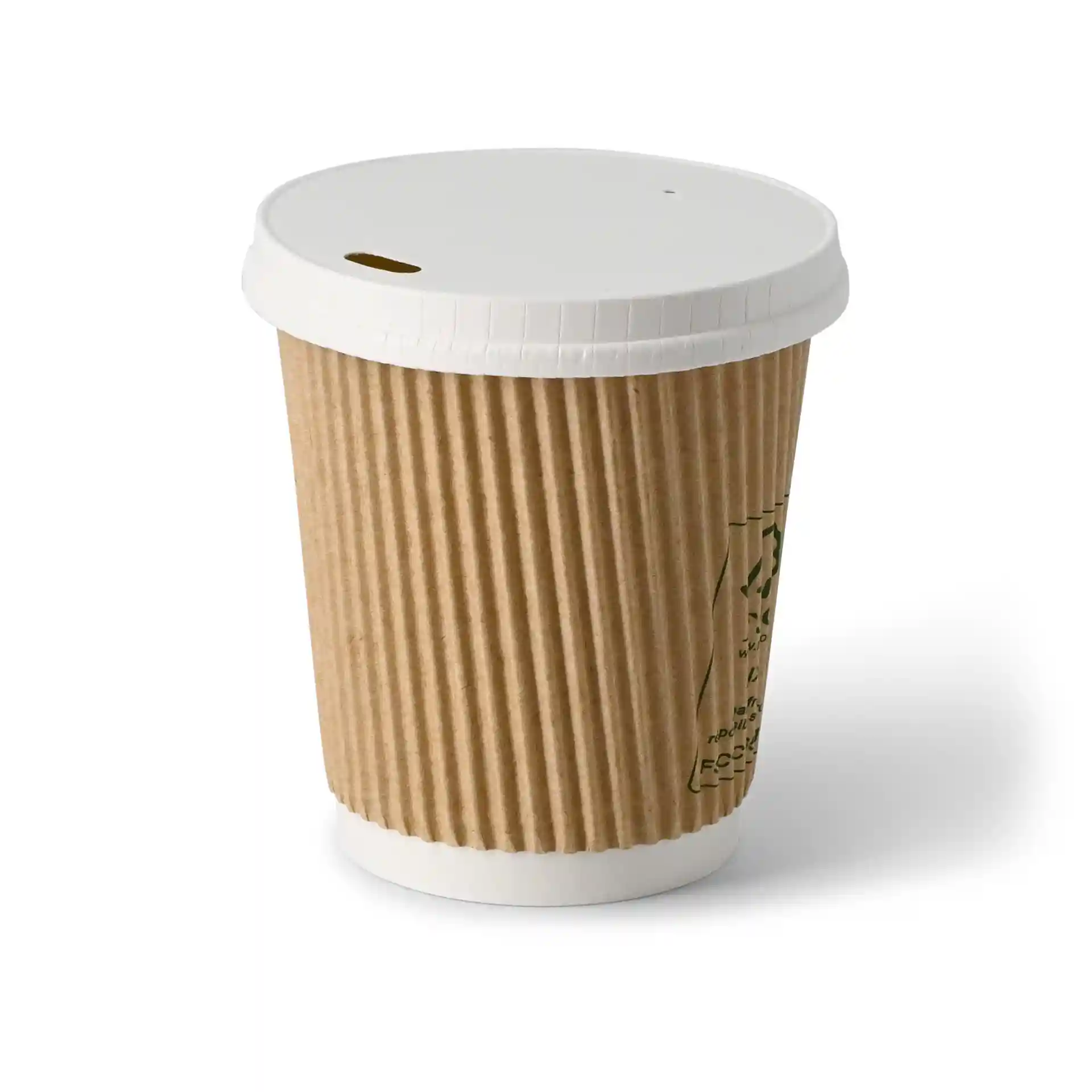 Tazza di cartone marrone ondulato con coperchio bianco, capacità di 8 oz, forma rotonda.