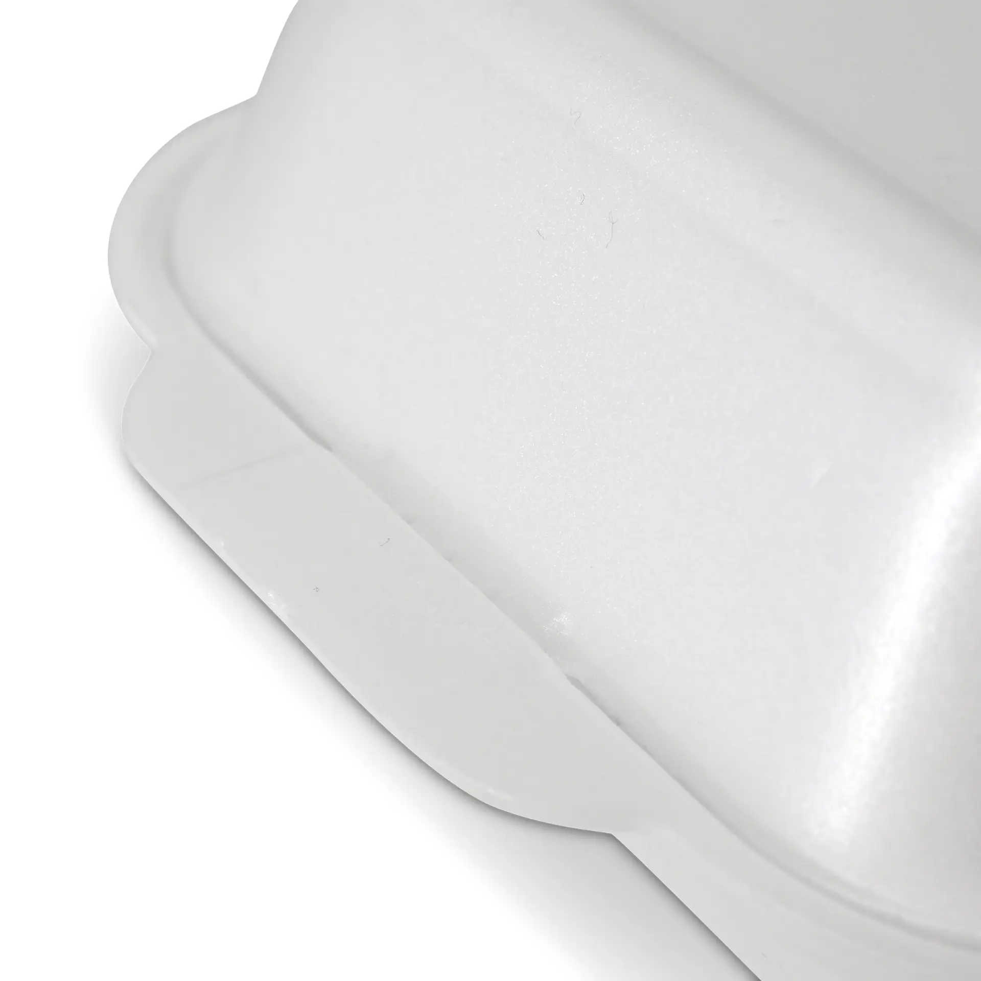 Conteneur à emporter en mousse blanche avec un couvercle articulé et une surface lisse.