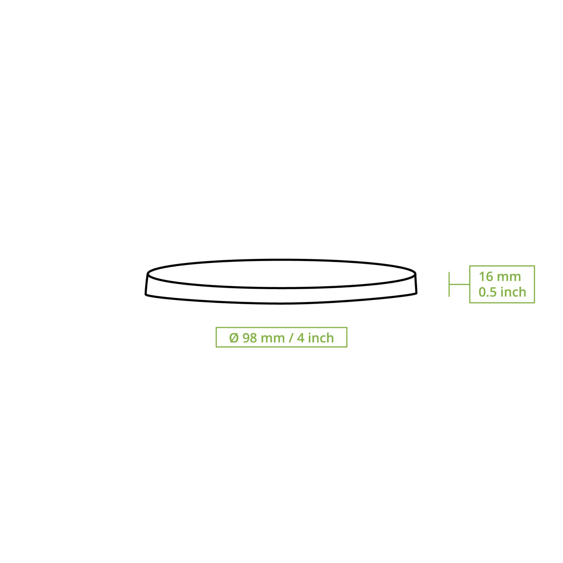 Disegno schematico di un coperchio in cartone bianco con un diametro di 100 mm e un'altezza di 17 mm.