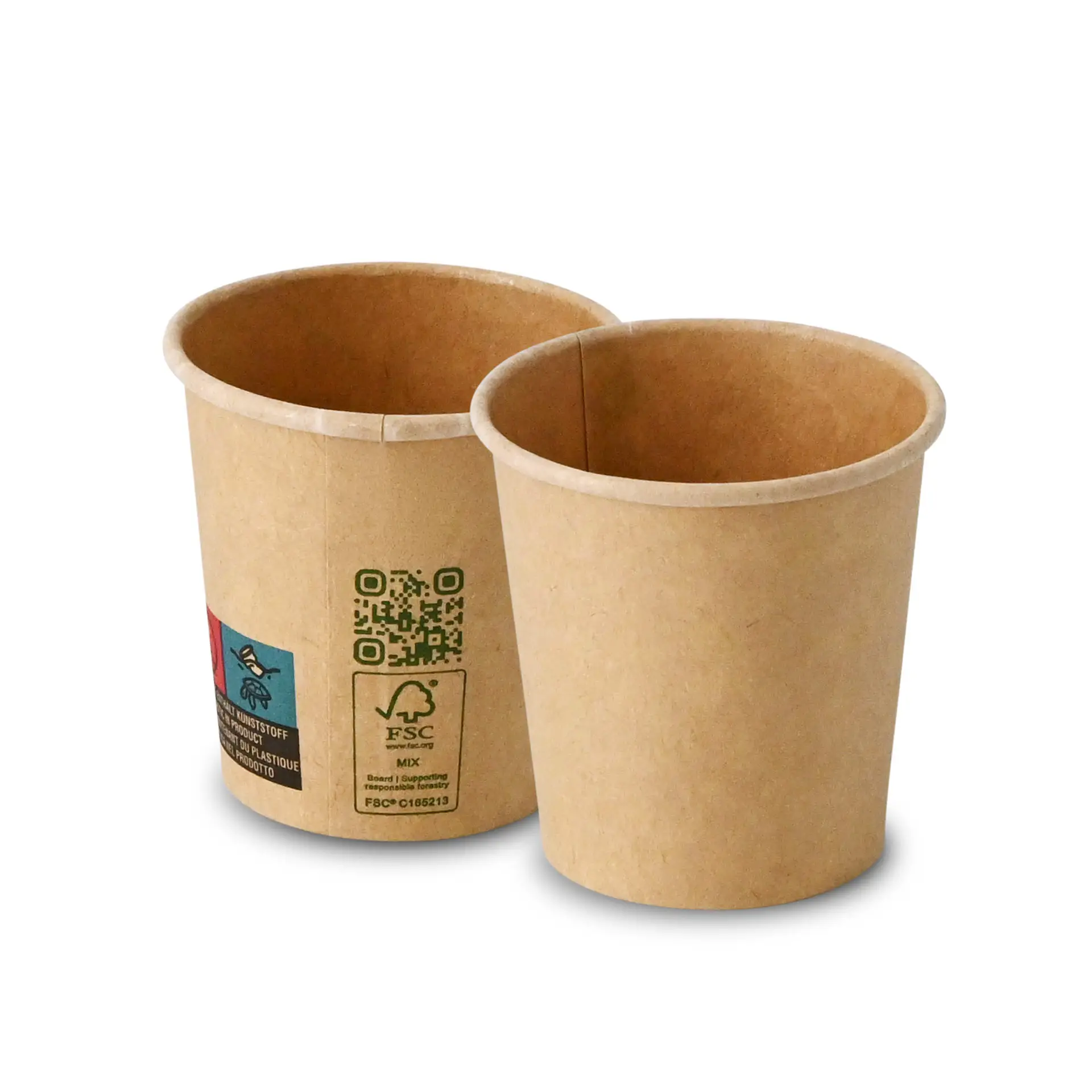 Einwandiger brauner Pappbecher, 100 ml, PLA-beschichtet; mit einem weiteren Becher im Hintergrund zur Veranschaulichung.