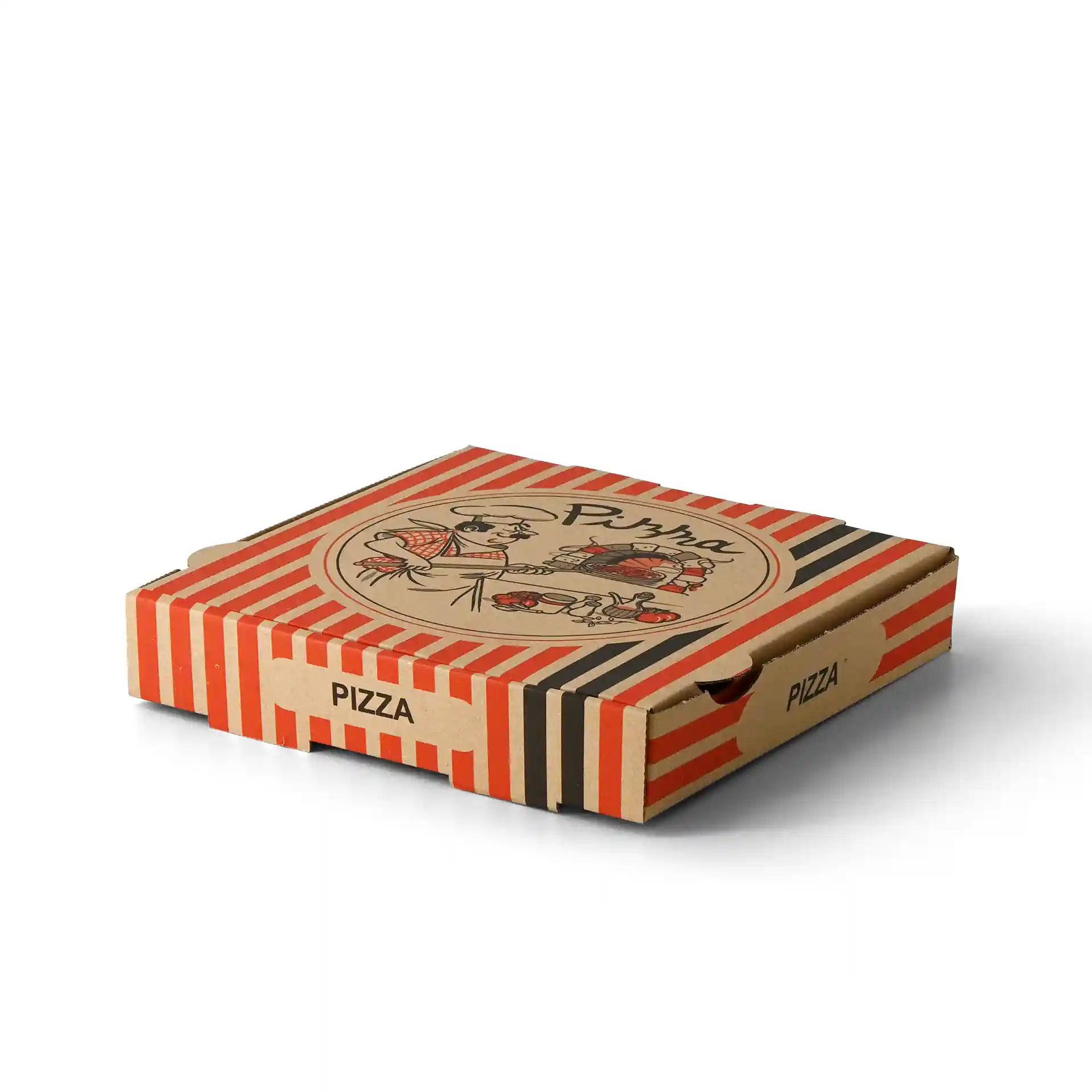 Pizzaschachtel mit einem Pizzakoch-Design, braun mit roten und schwarzen Streifen, 26 x 26 x 4 cm groß.