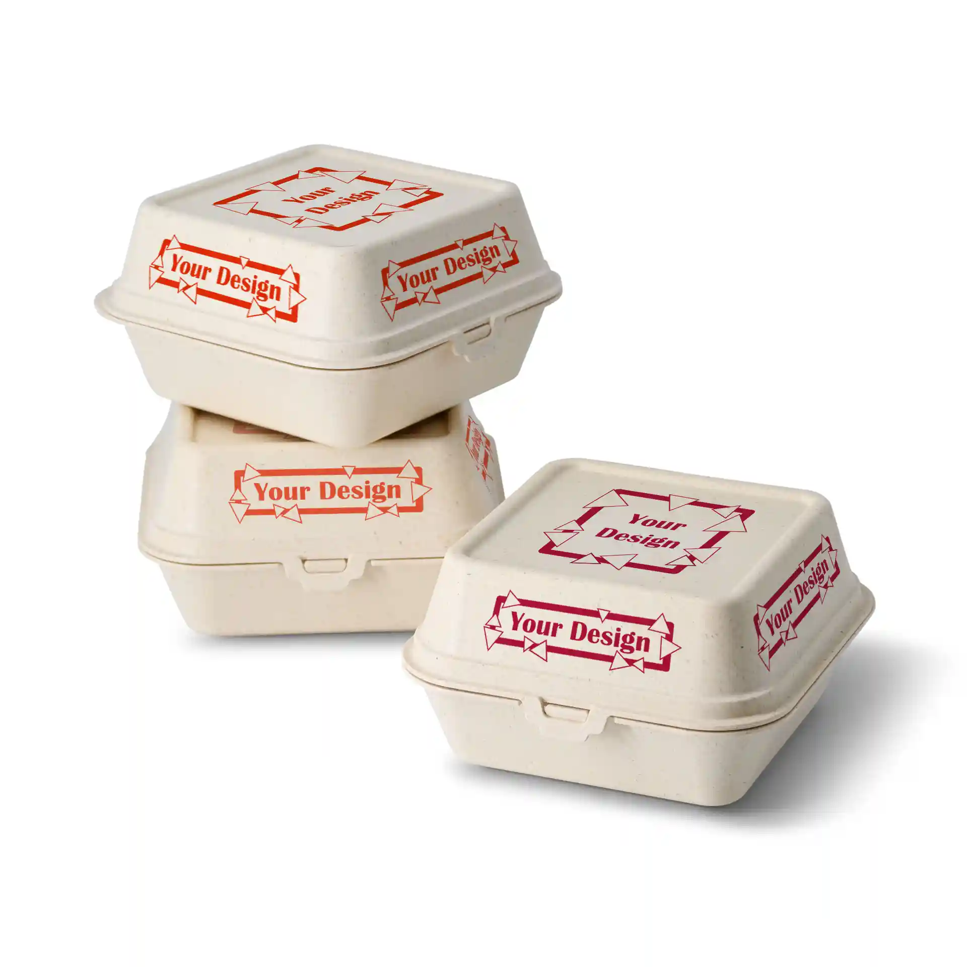 Boîtes à burger réutilisables personnalisées, 16 x 15 x 8,5 cm, blanc crème, impression sur quatre faces