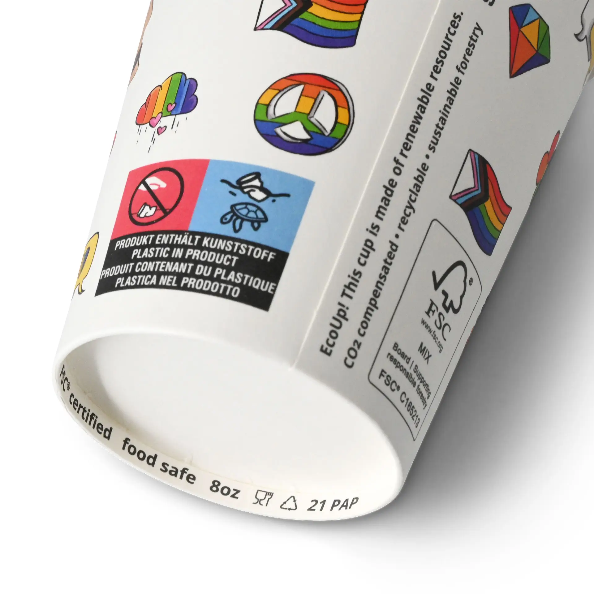Pappbecher bedruckt "Pride" (beschichtet) 200 ml / 8 oz, Ø 80 mm, weiss