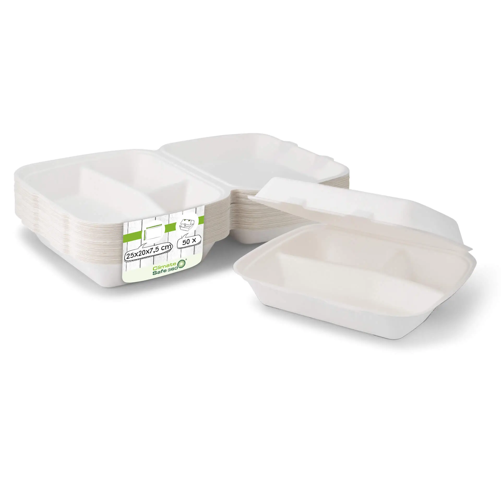 Menüboxen aus Zuckerrohr 25 x 20 x 7,5 cm, 3 Kammern, HP4/3, rechteckig Menüboxen aus Zuckerrohr 25 x 20 x 7,5 cm, 3 Kammern, HP4/3, rechteckig