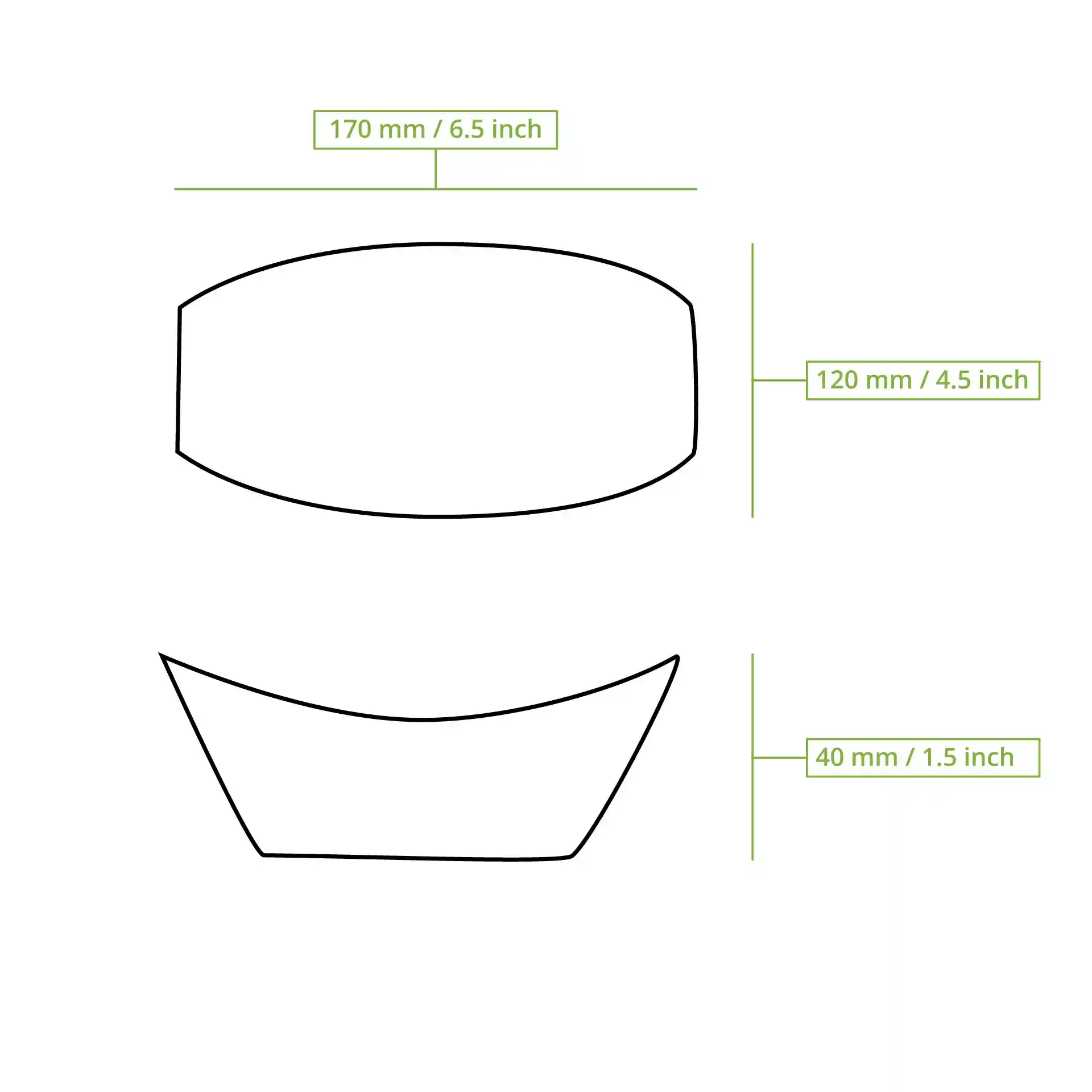 Disegno schematico di un vassoio per snack in cartone con dimensioni etichettate: 170 mm di lunghezza, 120 mm di larghezza e 40 mm di altezza.