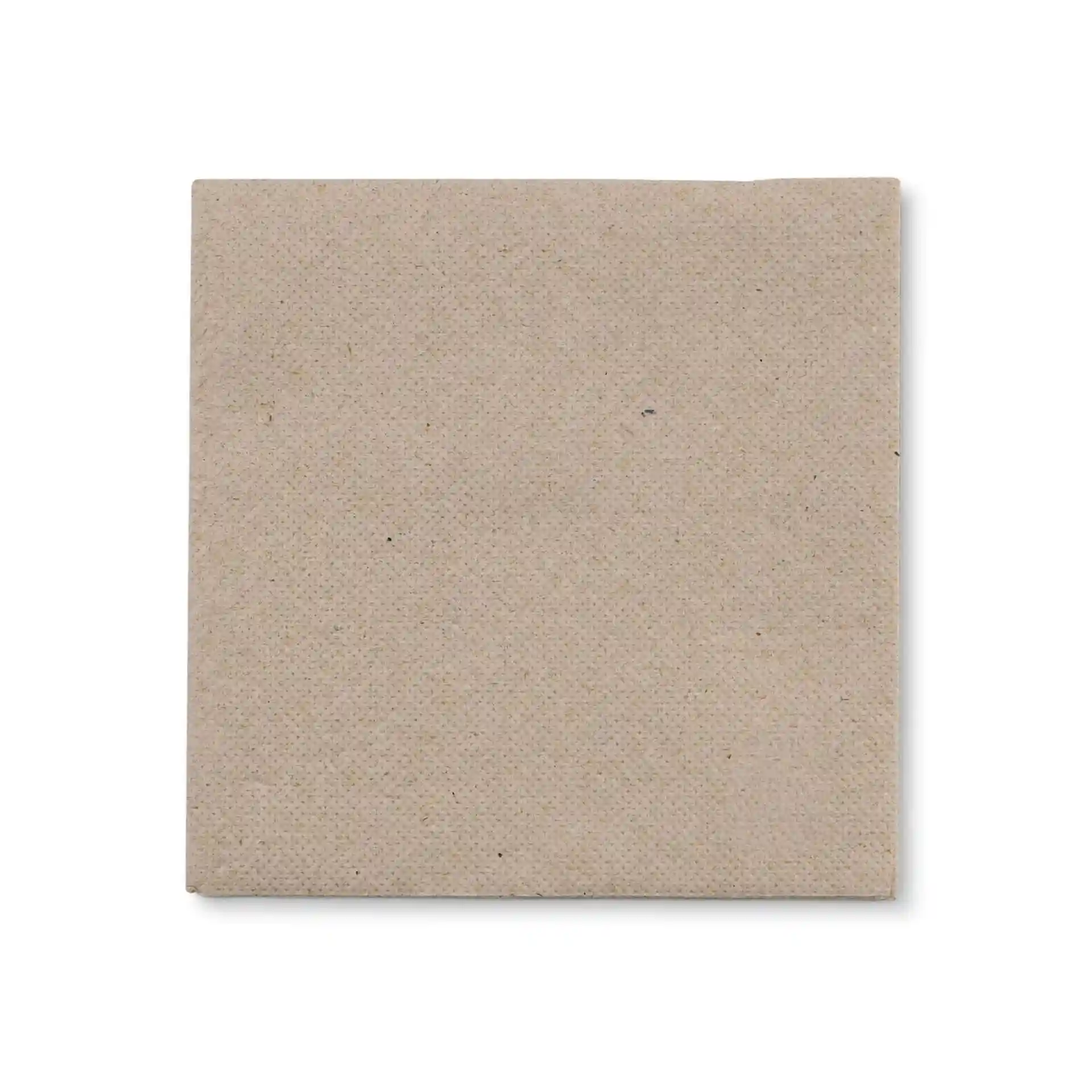 Tovagliolo quadrato in carta riciclata non sbiancata, 2 veli, con logo che indica materiale 100% riciclato.